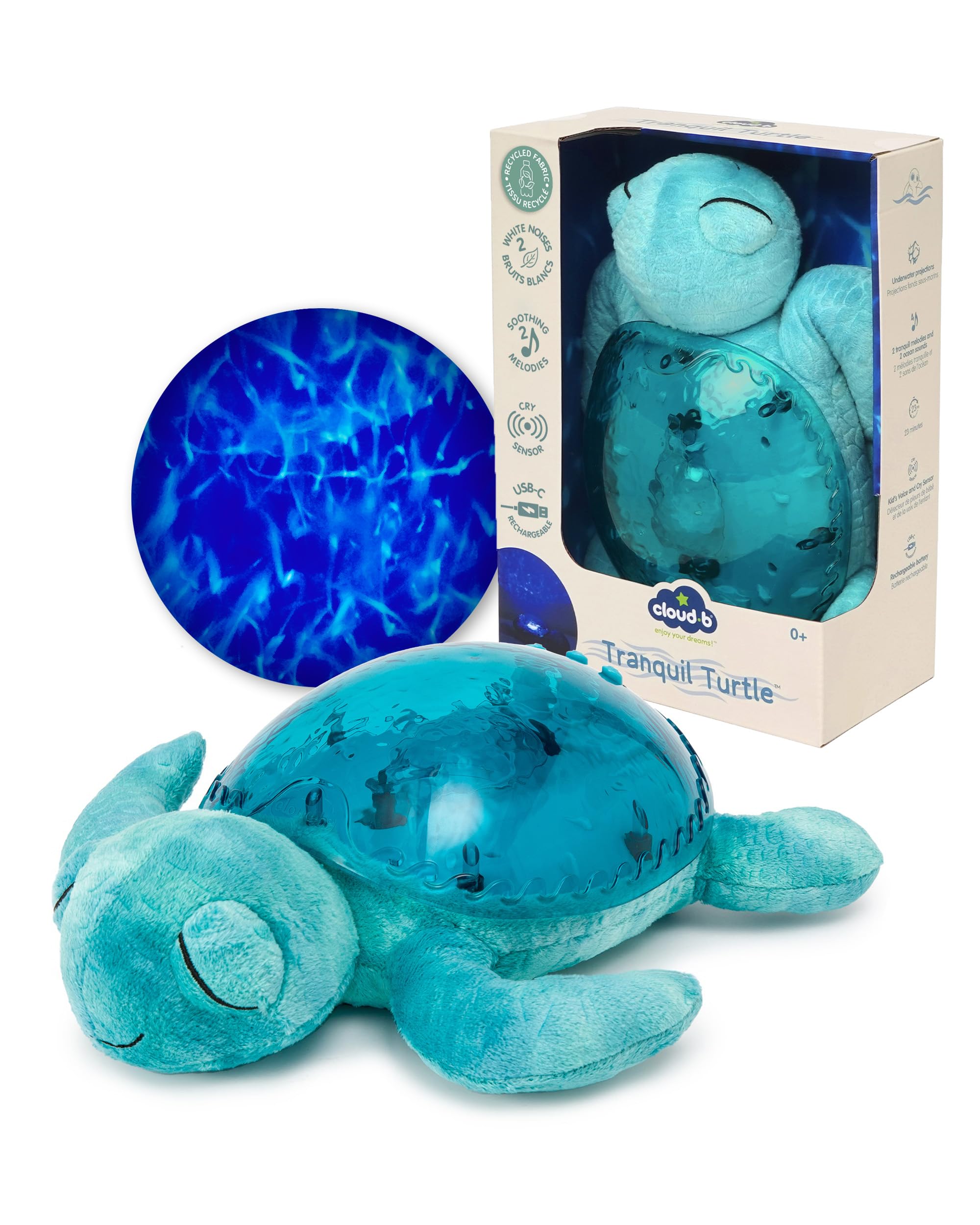 Cloud b Veilleuse musicale et lumineuse tortue | Veilleuse bébé projecteur d’océan avec sons apaisants | Rechargeable et écologique | Tranquil Turtle Aqua
