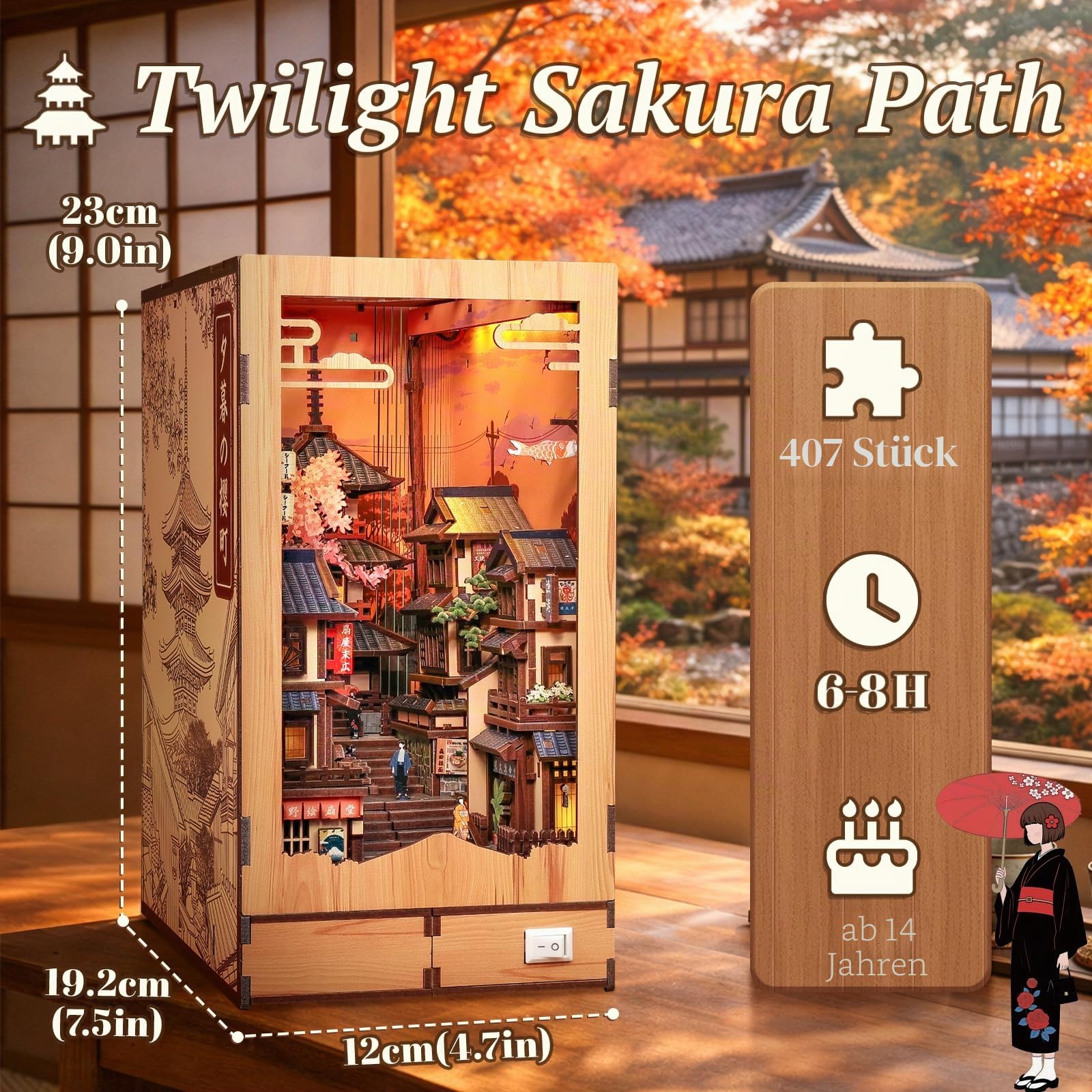 Fsolis 3D Holzpuzzle - Dämmerungs-Sakura-Pfad, Miniatur japanische Gassenstraße in der Abenddämmerung – Book Nook Kit für Erwachsene – Bezaubernde Wohnkultur und Geschenk
