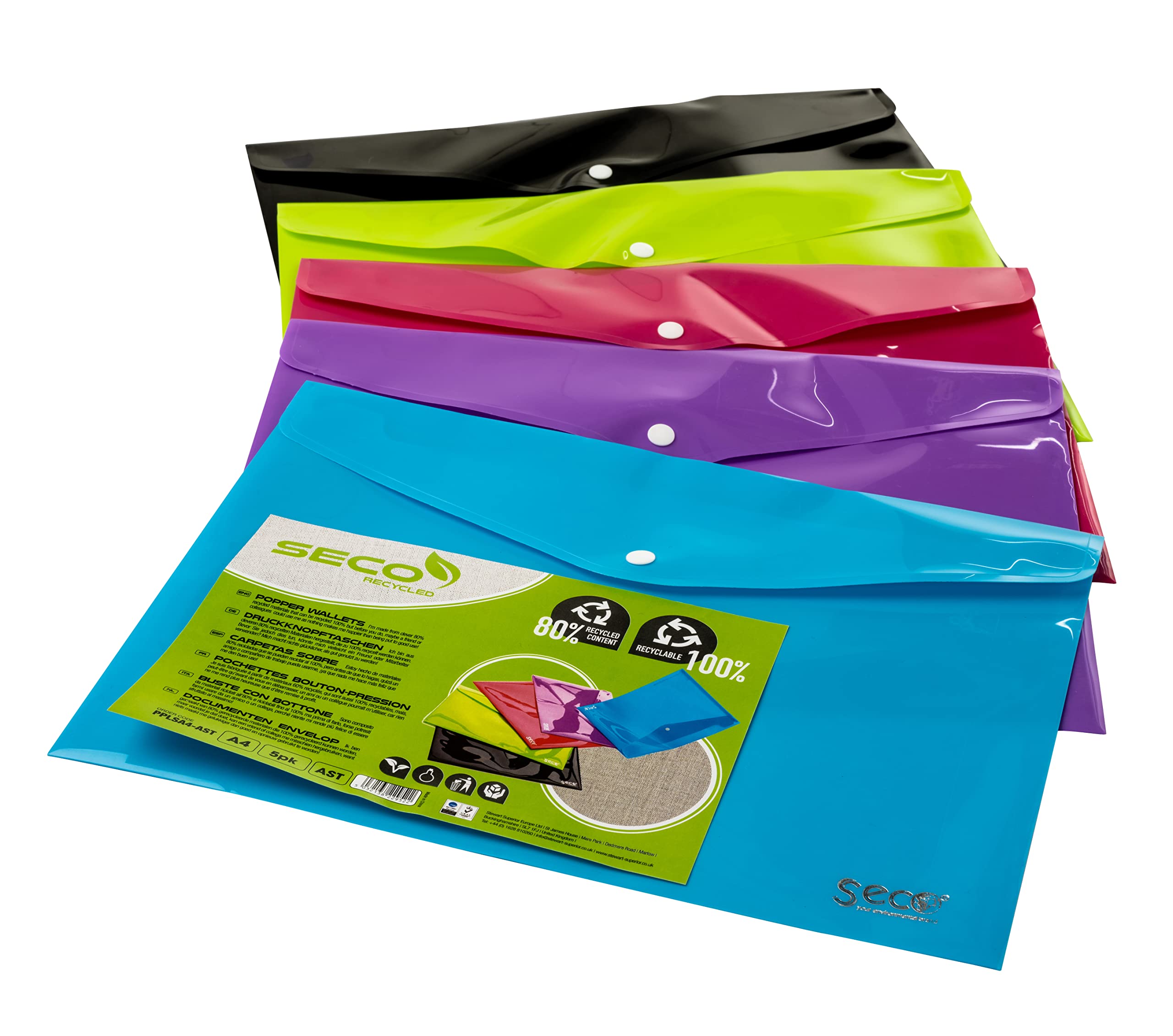 Seco A4+ Landscape Recyclable Popper Wallet - Assorted Colours (Pack of 5)