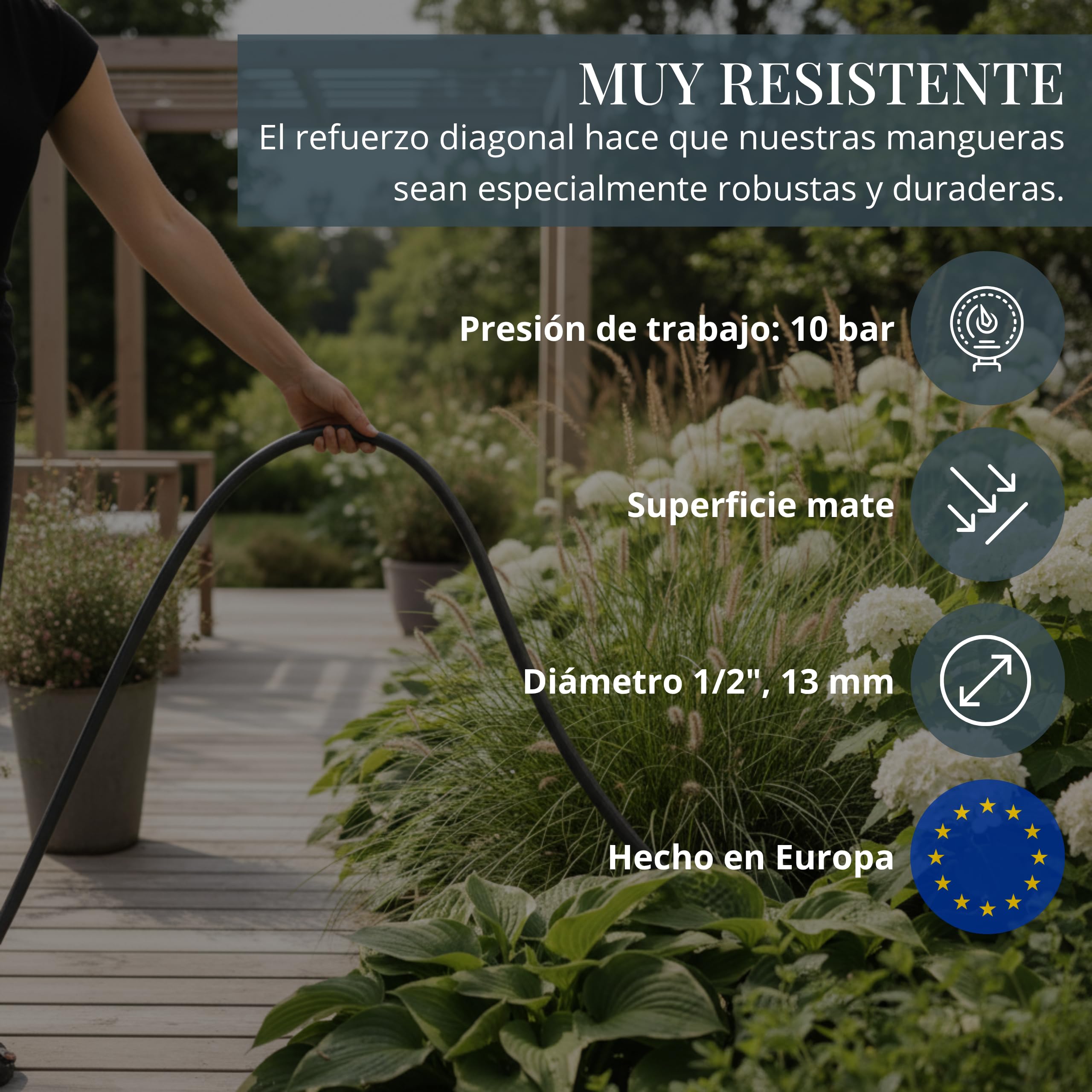 LIVLIG Set manguera 30 m 1/2" – tubo resistente a UV y anti‑torsión con pistola y conectores (G3/4, stop 1/2, rápido) – Antracita