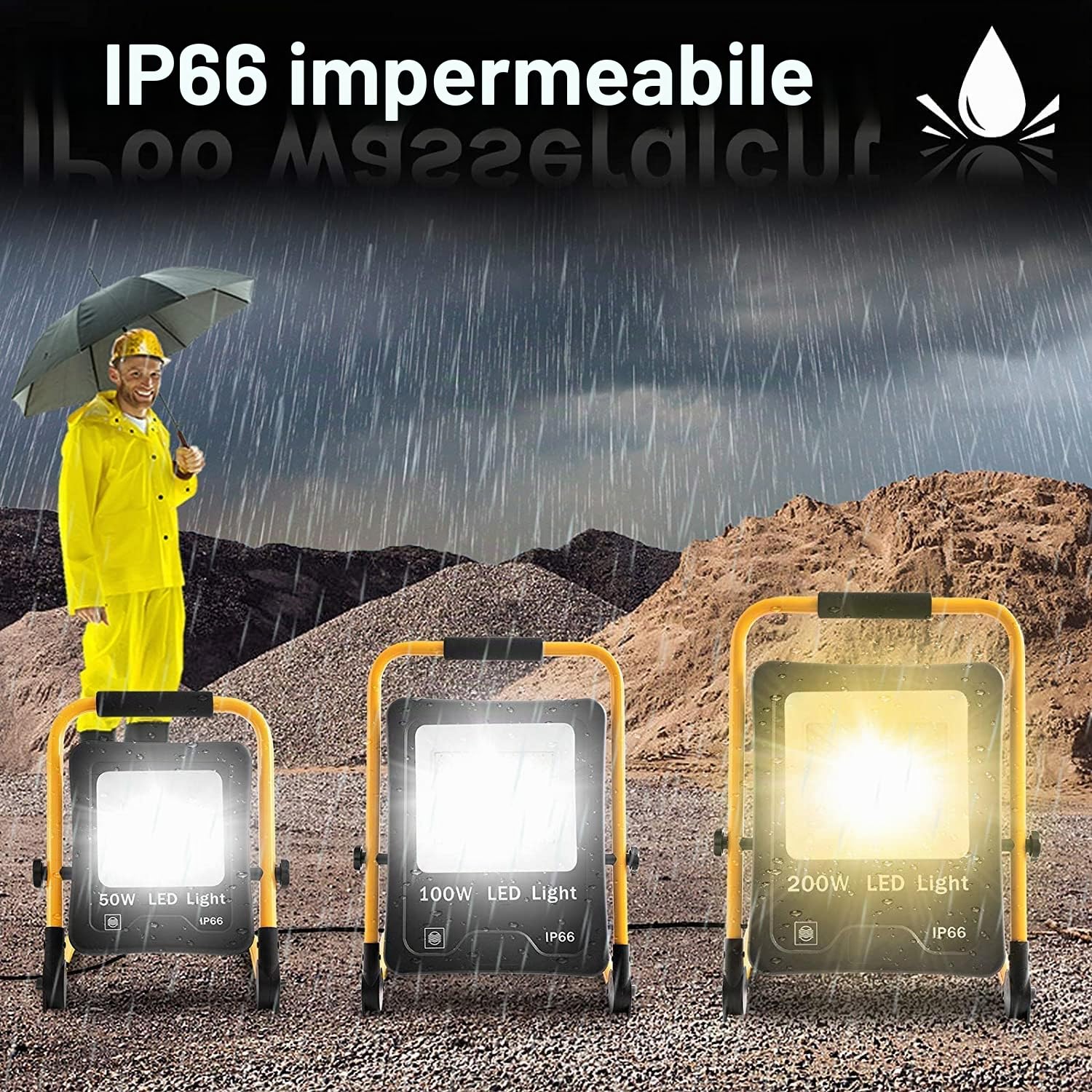 UISEBRT Faretto LED da cantiere, 200 W, bianco caldo, con Supporto e cavo di alimentazione, faretto a LED, impermeabile, IP66, per interni ed esterni, garage, giardino, campo sportivo, cantiere