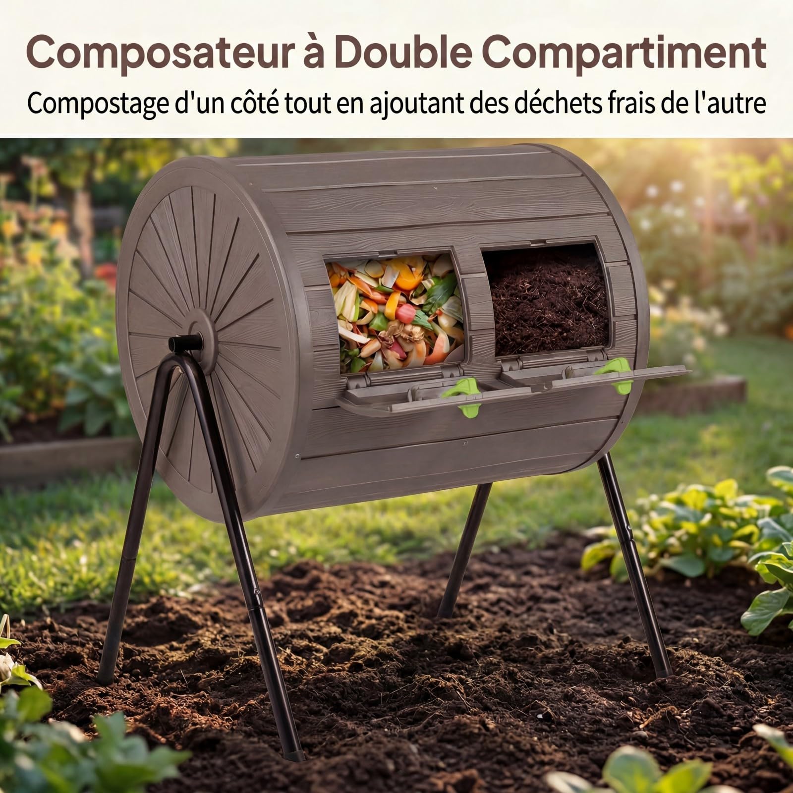 GYMAX Composteur 142L Rotatif à 360°, Bac à Compost Extérieur à Deux Compartiments, avec Portes Verrouillables et Socle Métallique, pour Déchets Alimentaires et Jardinage (Noir)