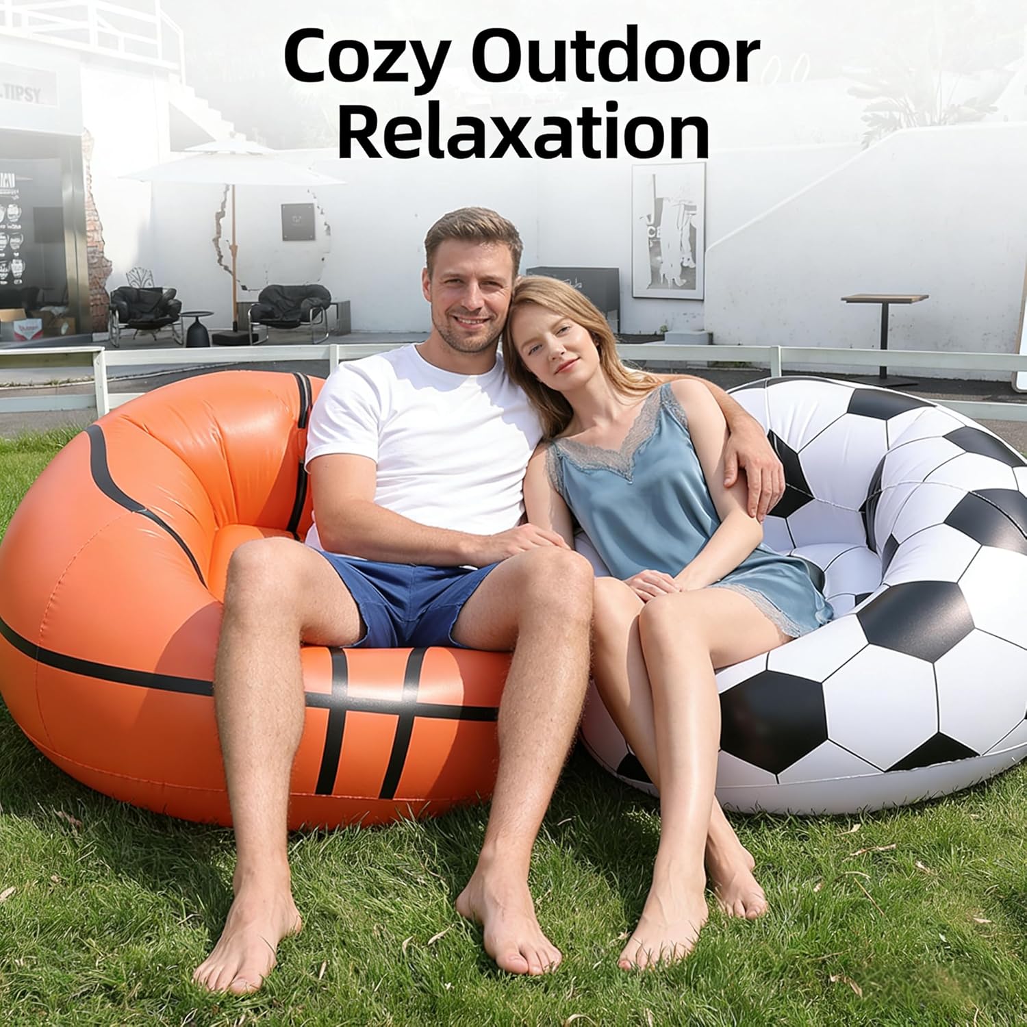 Inflatable Basketball Chair, Orange and Black, Indoor and Outdoor Lounge Sofa, Sports Theme Seating, Round Shape, Adult Size (Contemporary)