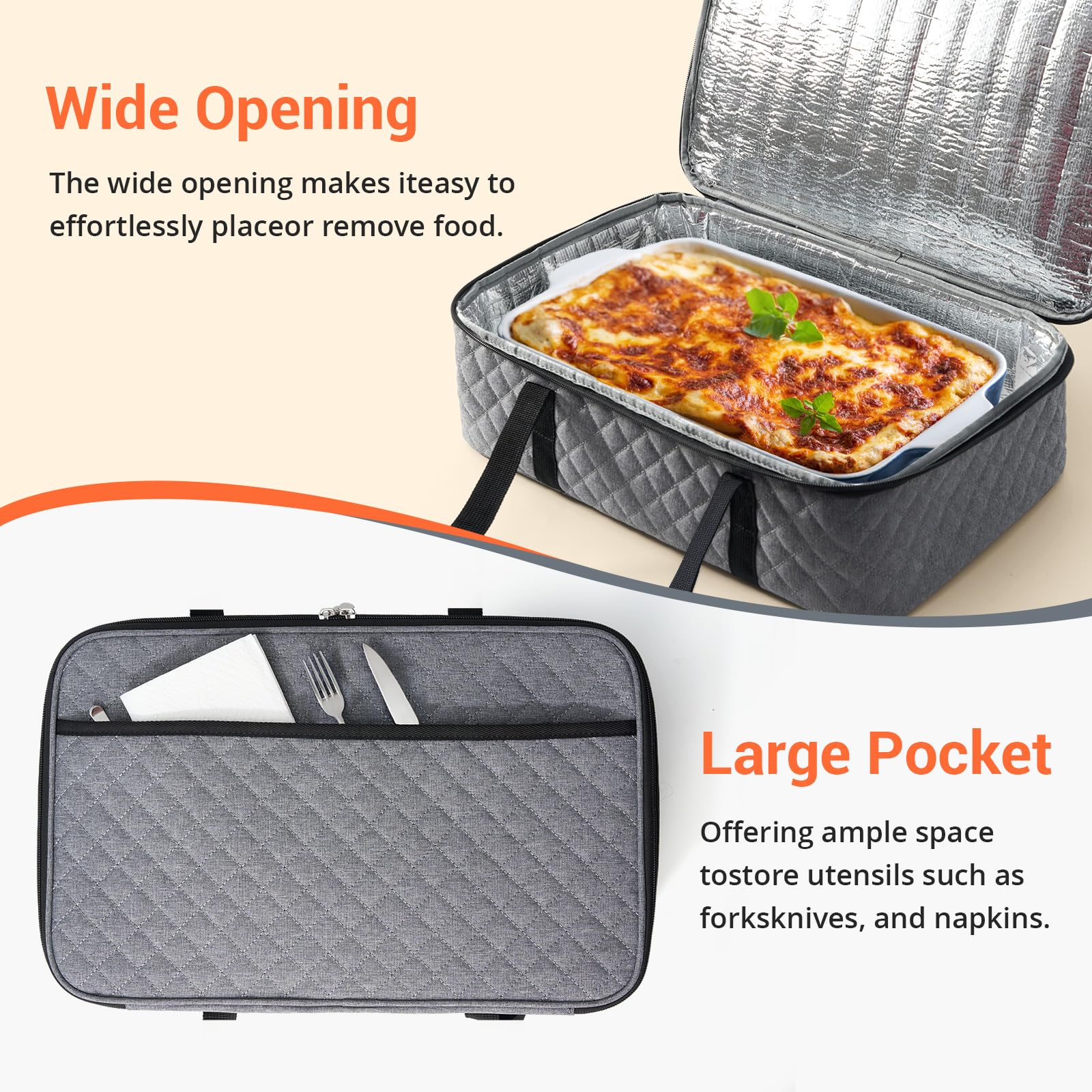 Cacerola – Portador de alimentos aislado portátil grande para alimentos calientes o fríos, bolsa de almuerzo o bolsa enfriadora, bolsa de almuerzo de lasaña para el trabajo, picnic, senderismo, playa