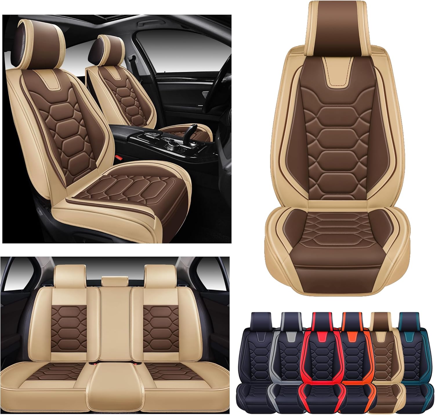 OASIS AUTO Car Seat Covers Premium Waterproof Faux Leather Cushion Universal Accessories Fit SUV Truck Sedan Automotive Vehicle Auto Interior Protector Full Set (OS-004 Coffee)