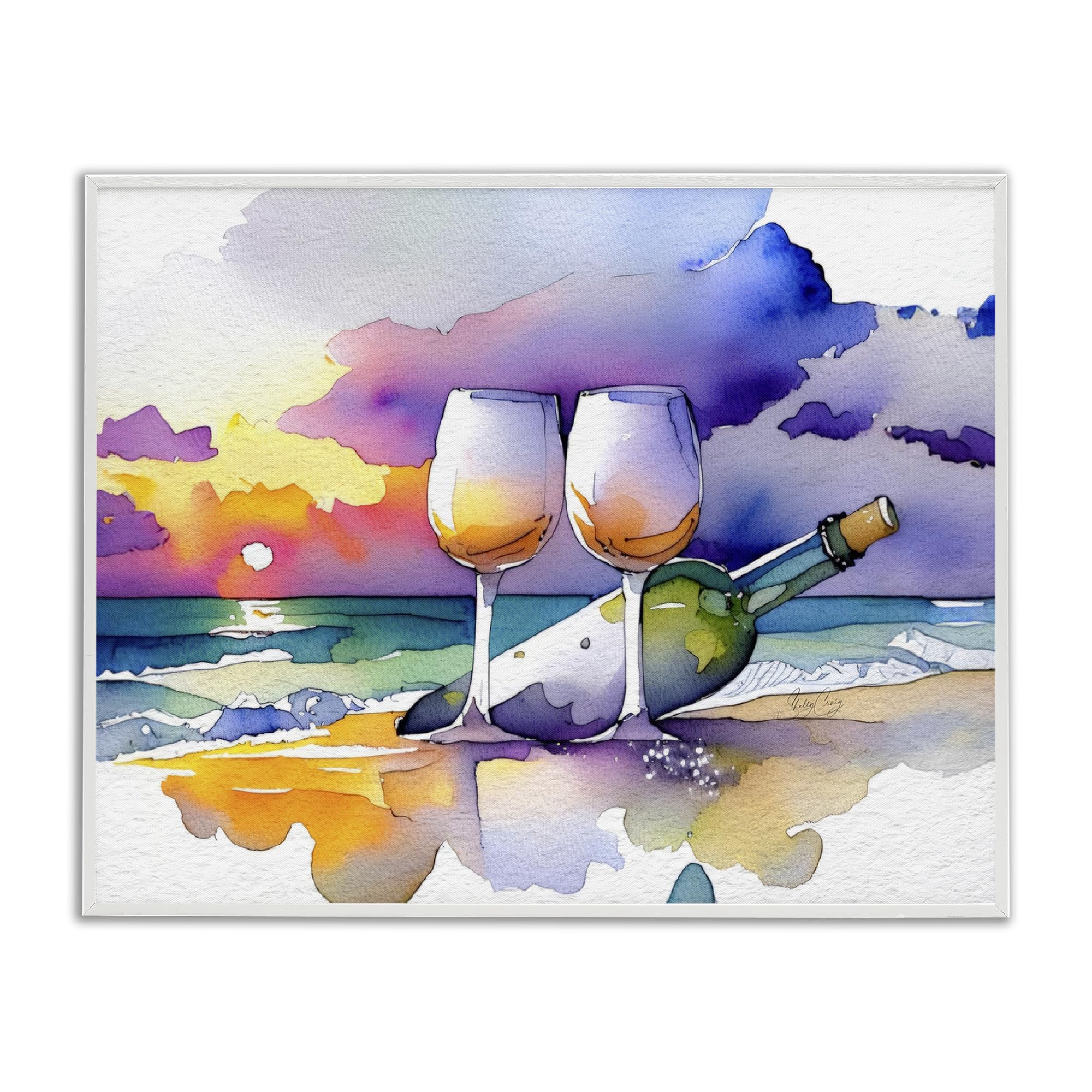 Stupell Industries Coastal White (Textured) 'Coastal Cheers With Wine'| Framed Giclee Art