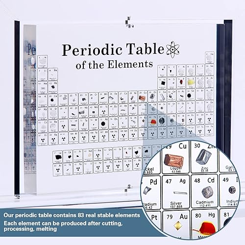 Miniatura 4 de Tabla periódica con elementos reales en el interior, pantalla de mesa periódica acrílica con 83 elementos reales, pantalla de marco giratorio de