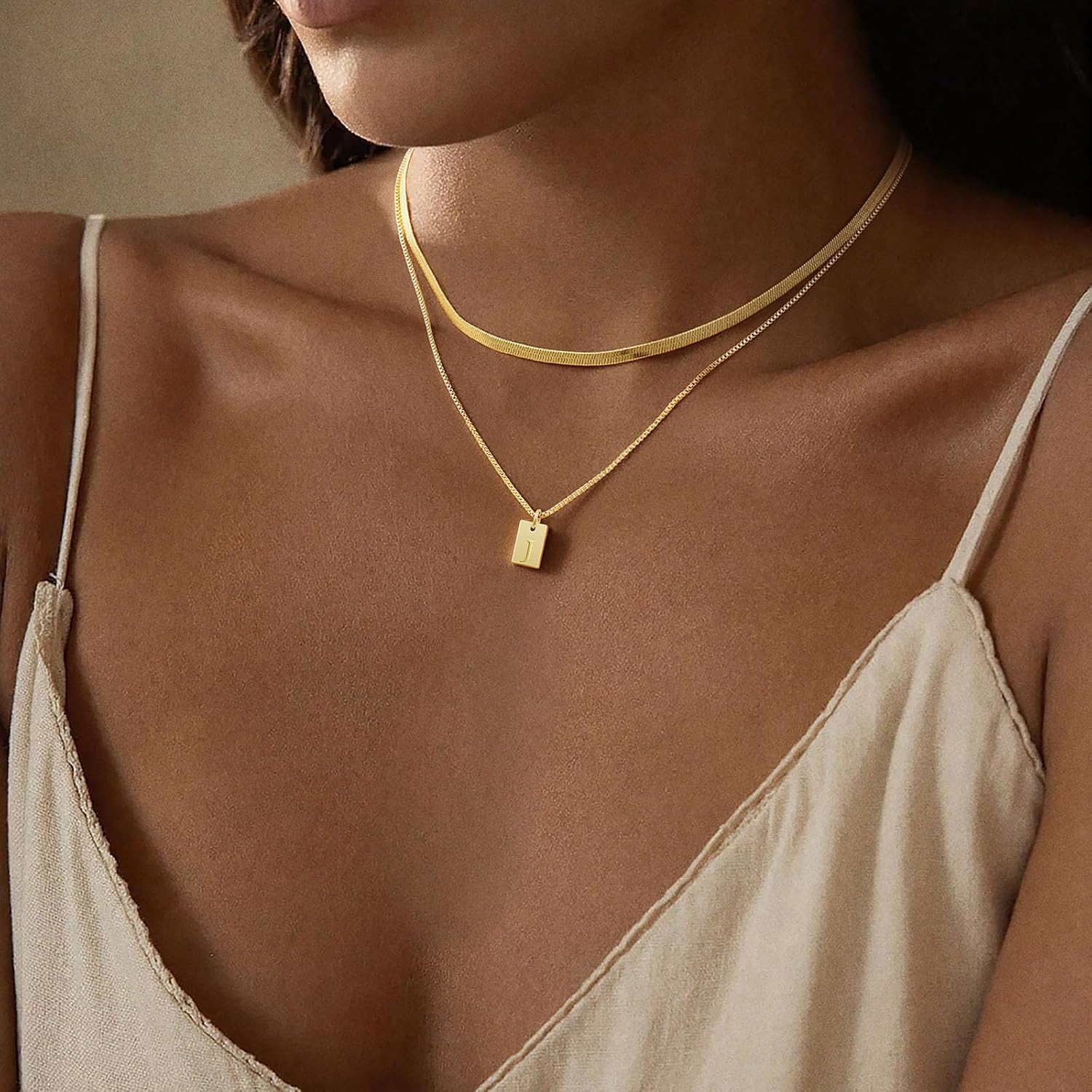 14K Gold Plated Layered Initial Necklace Set for Women, Dainty Herringbone Choker & Letter Pendant, Waterproof Non-Tarnish Snake Chain, Minimalist Stacking Jewelry Gifts