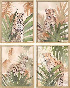 SIGNWIN Framed Tropical Island Rainforest Monstera Leaf Palm Tree Wall Art, Set of 4 Cheetah Cat Animal Wall Decor Prints, Nature Wilderness Wall Decor for Living Room, Bedroom - 8"x10" Natural