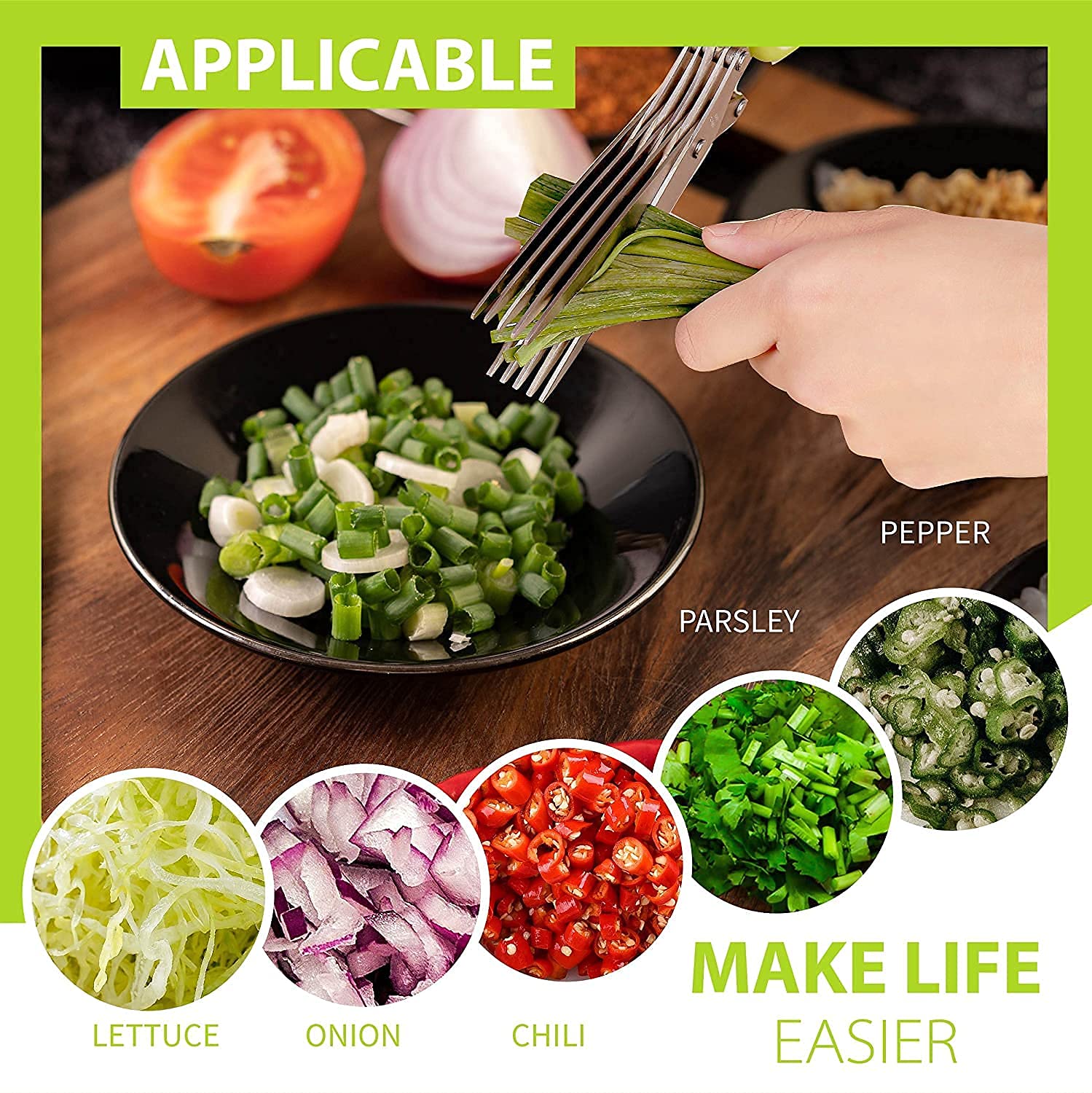 SHREE HANS CREATION 5 Blades Scissors Stainless Steel Peelers Chopping Shear for Cutting for Kitchen, Paper Food Salad Herb Spices Cooking Tools Vegetable Cutter with Cleaning Brush (Color Multi)