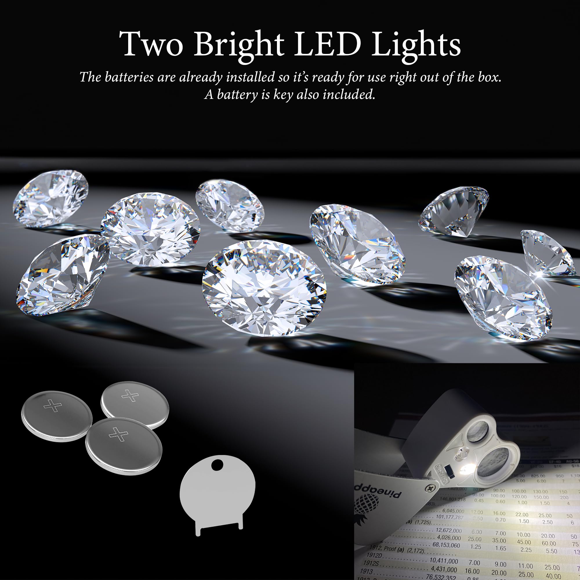 Lupa de joyería de 30 x 60 aumentos con luz, lupa plegable para joyería, lupa de joyería con luz LED, para tricomas, monedas, diamantes, joyas, gemas, plantas, sellos, etc. (blanco)