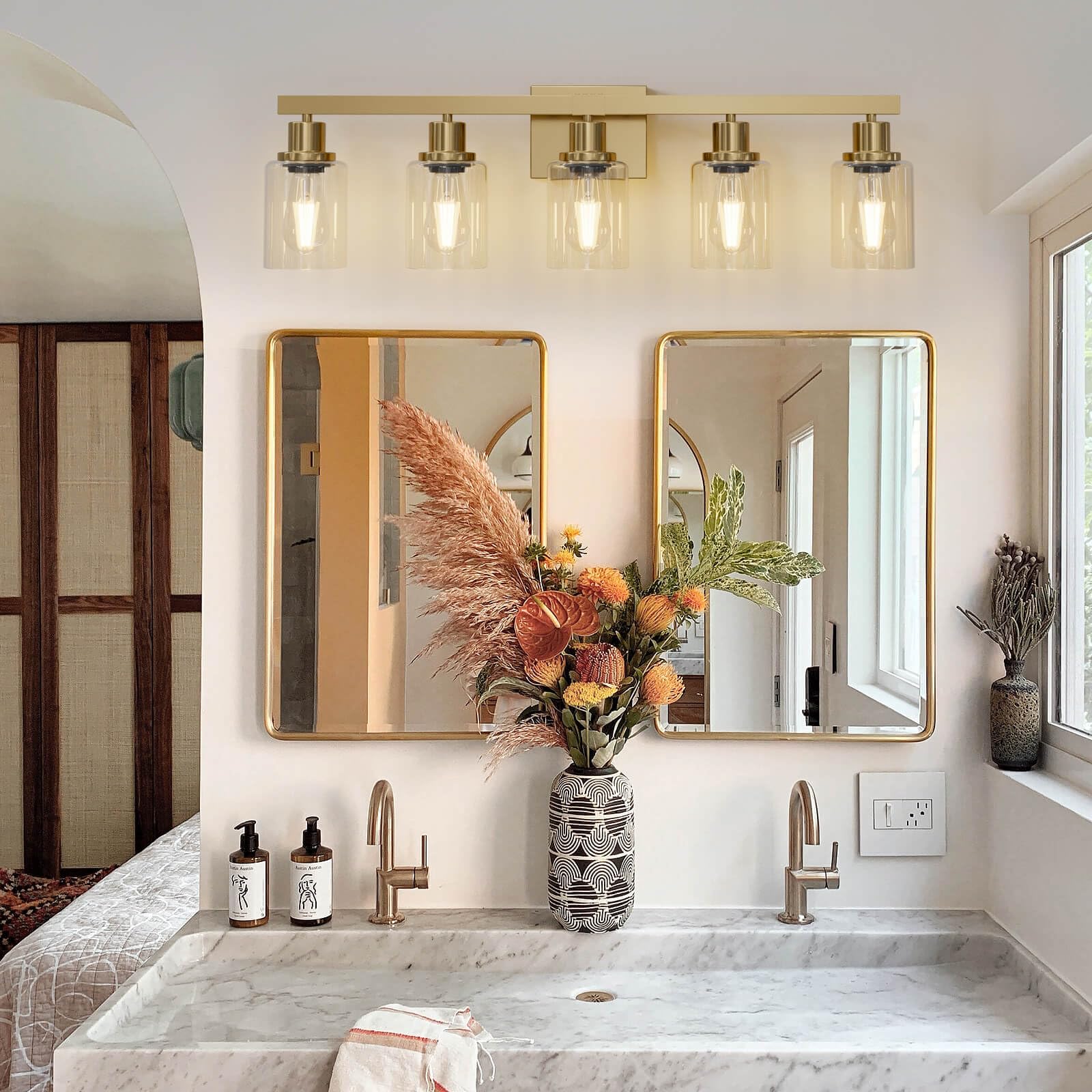 DIKAIDA 5 Light Gold Bathroom Vanity Light, Gold Bathroom Light Fixtures, 31" Modern Brushed Gold Vanity Lighting Fixtures for Bathroom Over Mirror, Gold Sconces Wall Lighting for Bedroom