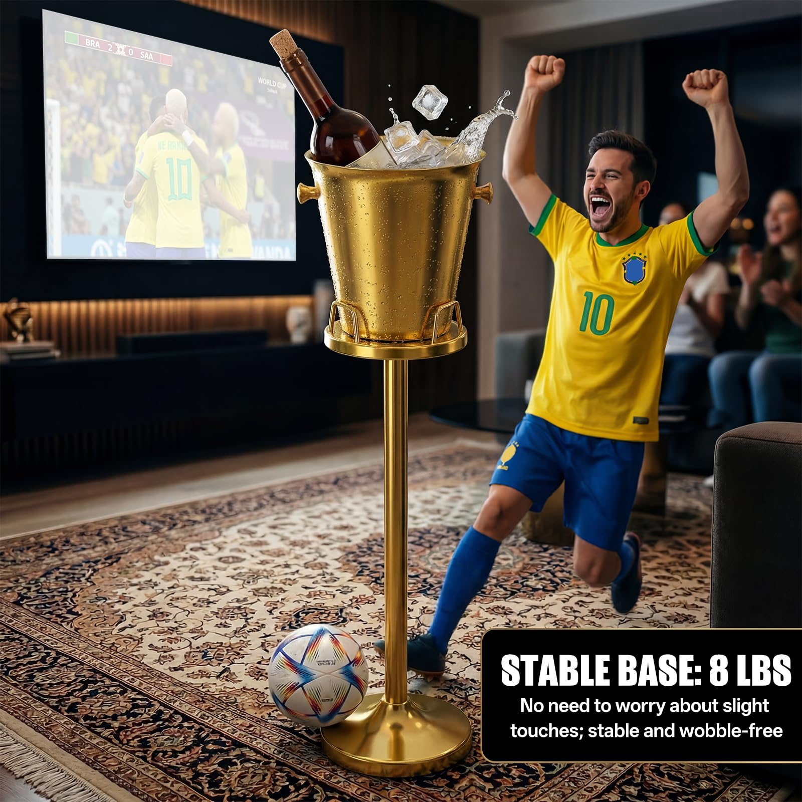 Cubitera de hielo dorada con soporte, enfriador de champán de acero inoxidable 201 de 5 L, con base de 90 cm, decoración lujosa para barbacoas, fiestas, bares, botellas de refrigeración