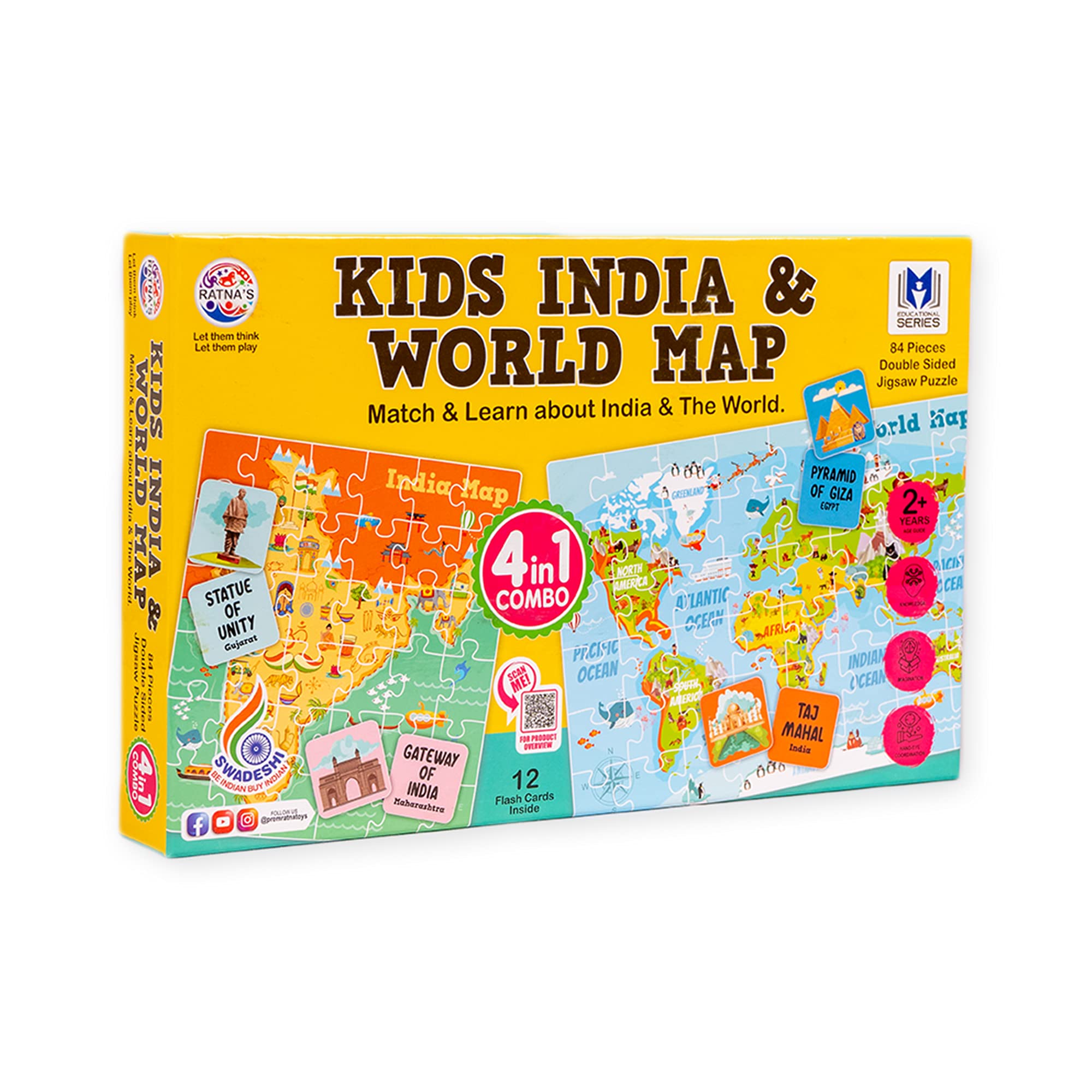 Ratnas Kids India & World Map Jigsaw 4 in 1 with 12 Flash Cards 84 Pieces Double Sided Jigsaw Puzzle Educational Toy for Kids 3+ Years (B0917QH1J8) Amazon Price History, Amazon Price Tracker