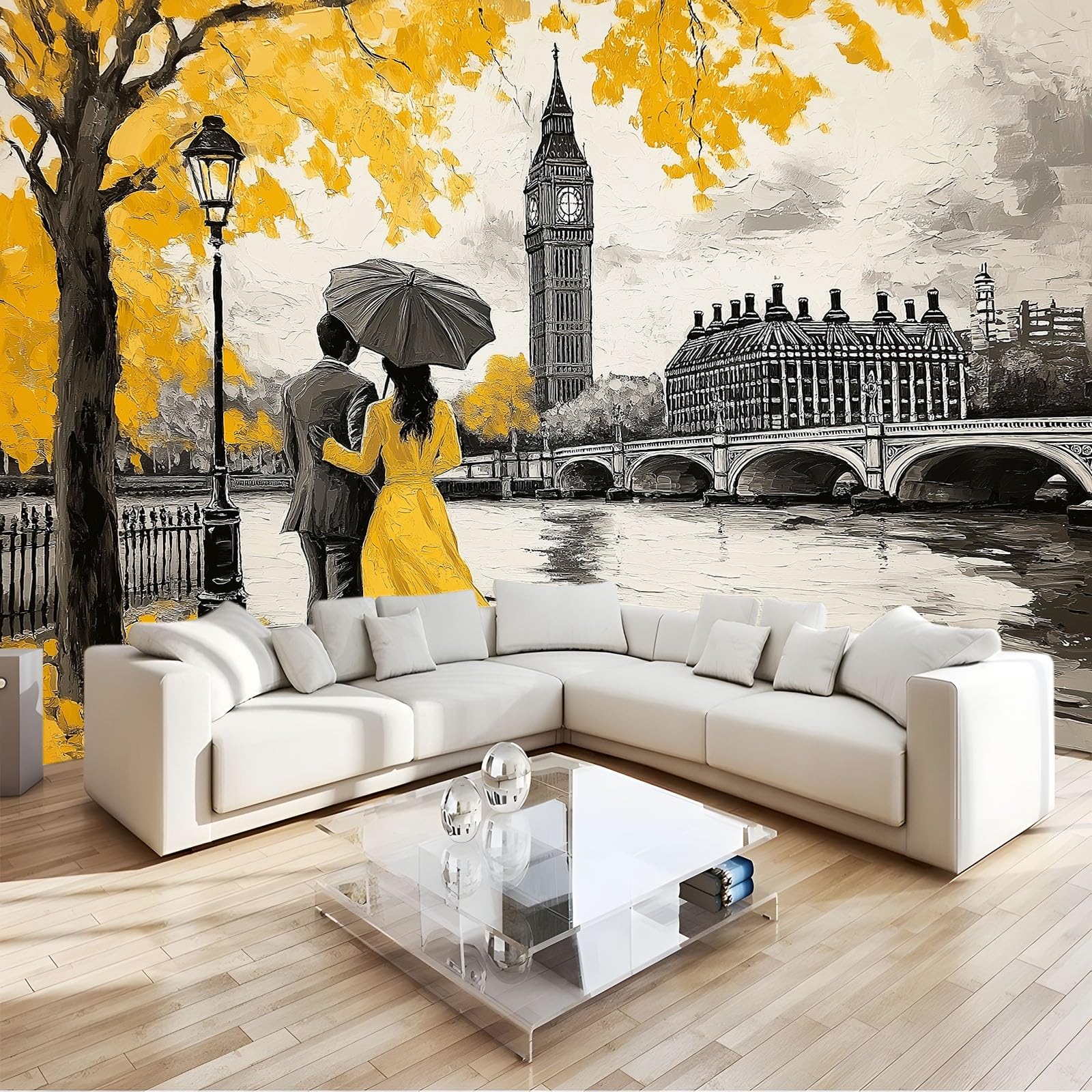 Art Papel Tapiz Fotográfico Pintura Al Óleo Londres Amor Amarillo Papel Pintado no Tejido 400x280 cm Lana Decoración de Pared Sala Cuarto Póster Mural para Sala de estar Dormitorio Decoración, Gris