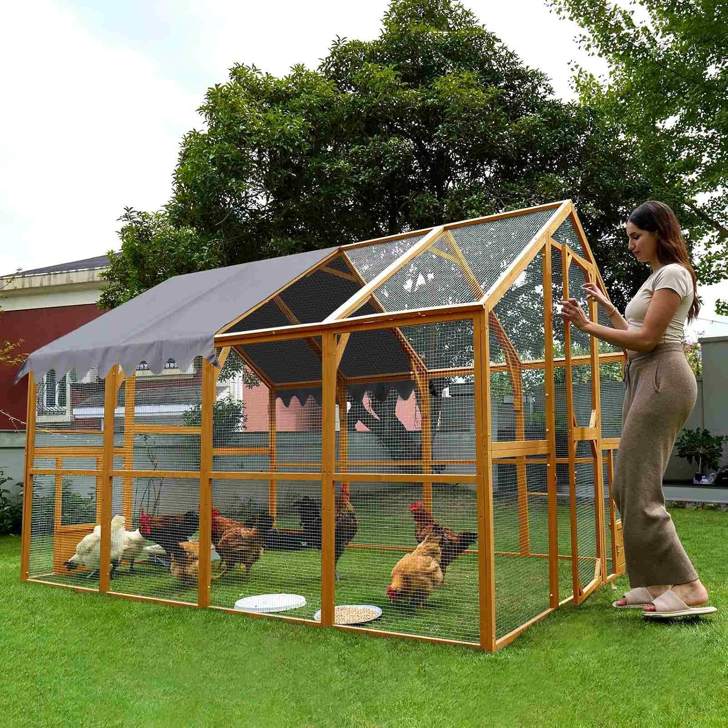 Chicken Coop Outdoor Enclosure 110" Walk-in Kitten Playpen with Waterproof Cover, 56.54 Sq Ft Spacious Cat Run with 1/2" Wire Mesh, Double Small Doors for Rabbits Chickens, Yellow
