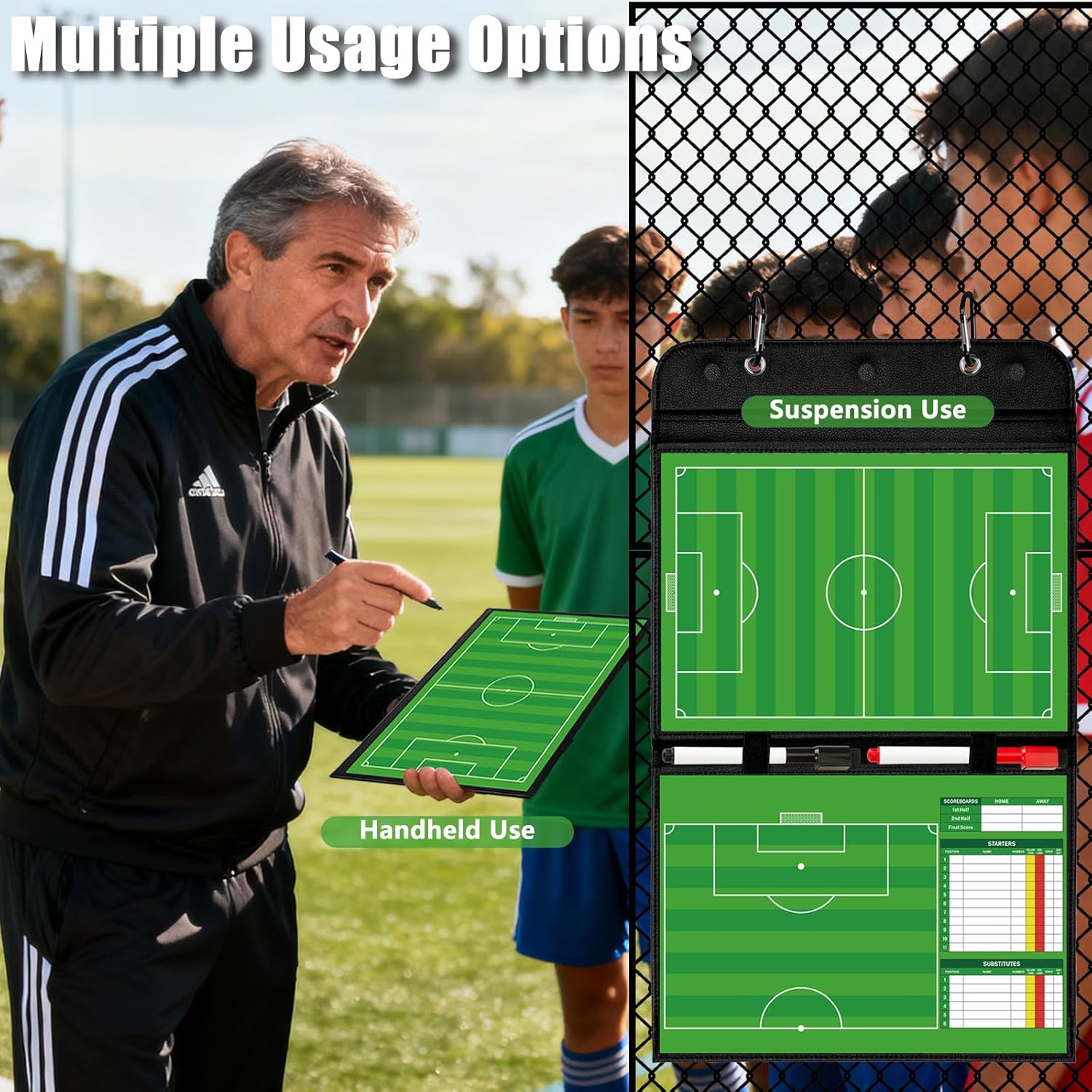 Magnetic Soccer Coaching Board – Portable Dry Erase Whiteboard with Fence Clip, Magnets & Carry Bag, Foldable Clipboard for Soccer Coaches & Players, Ideal Coach Gift