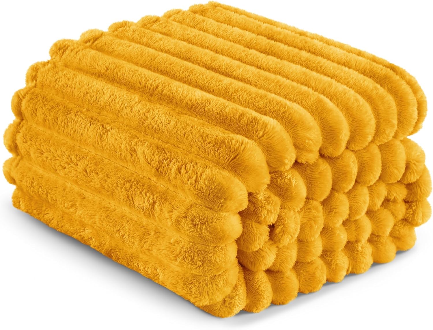 Exclusivo Mezcla Queen Size Flannel Fleece Blanket, Super Soft Striped Jacquard Bed Blanket, Lightweight Fuzzy Cozy for All Seasons, 90x90 Inches, Mustard Yellow - Image 6
