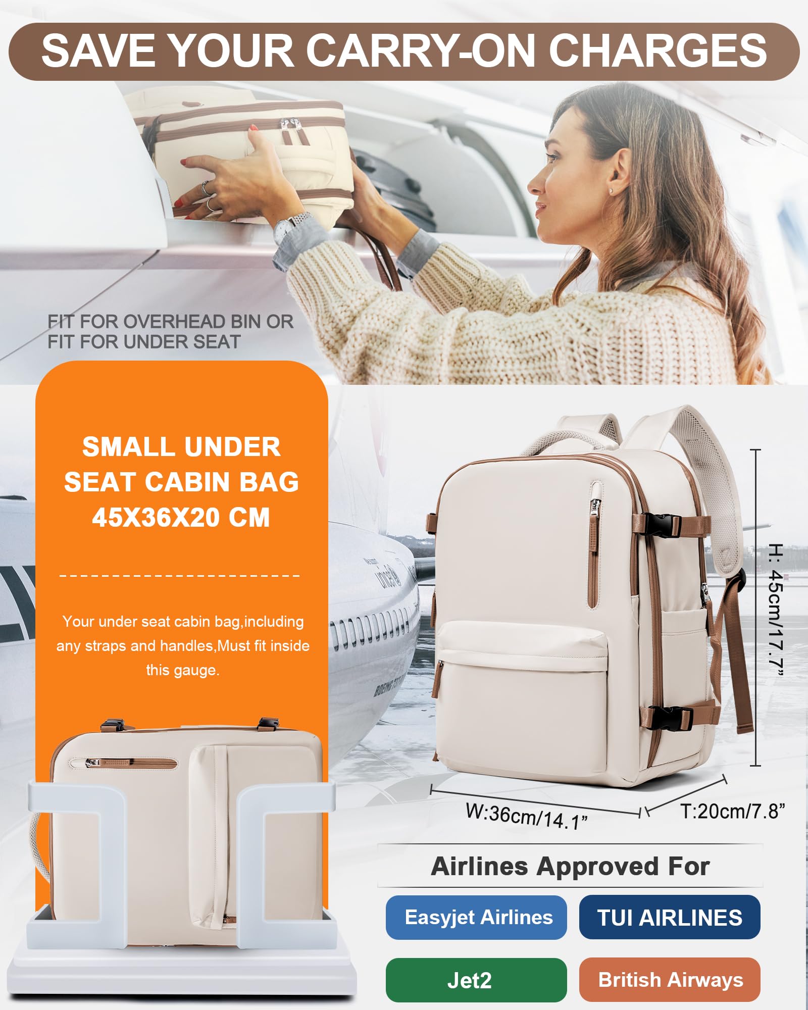Zaino da Viaggio per Easyjet 45x36x20 Bagaglio a Mano Zaino Borse da Cabina per Easyjet Il Sedile Zaino Aereo Bagaglio a Mano Donna Borsa Cabina Viaggio Zaino Viaggio Casual Daypack,Marrone giallastro