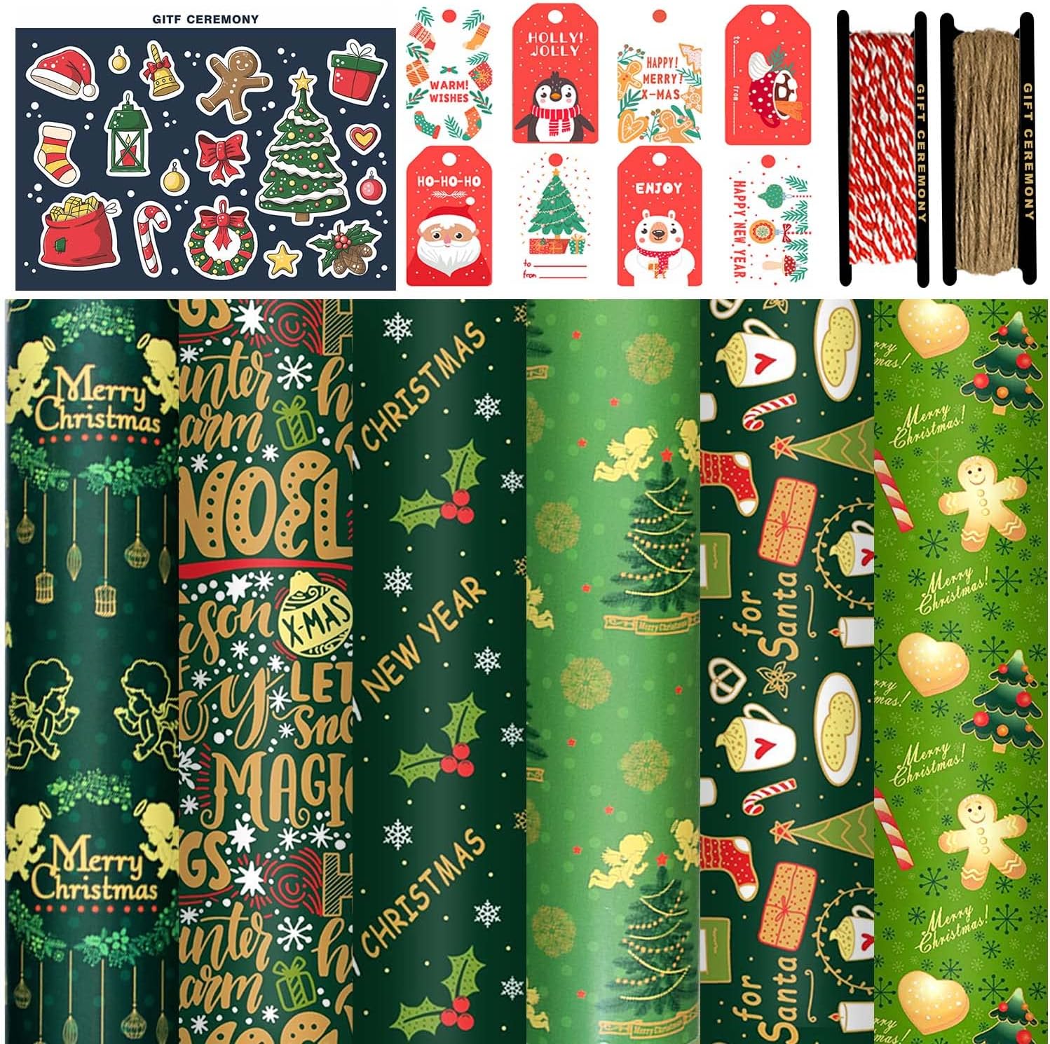 FullJoyHut Christmas Gift Wrapping Paper Set, 6 Sheets Recycled Xmas