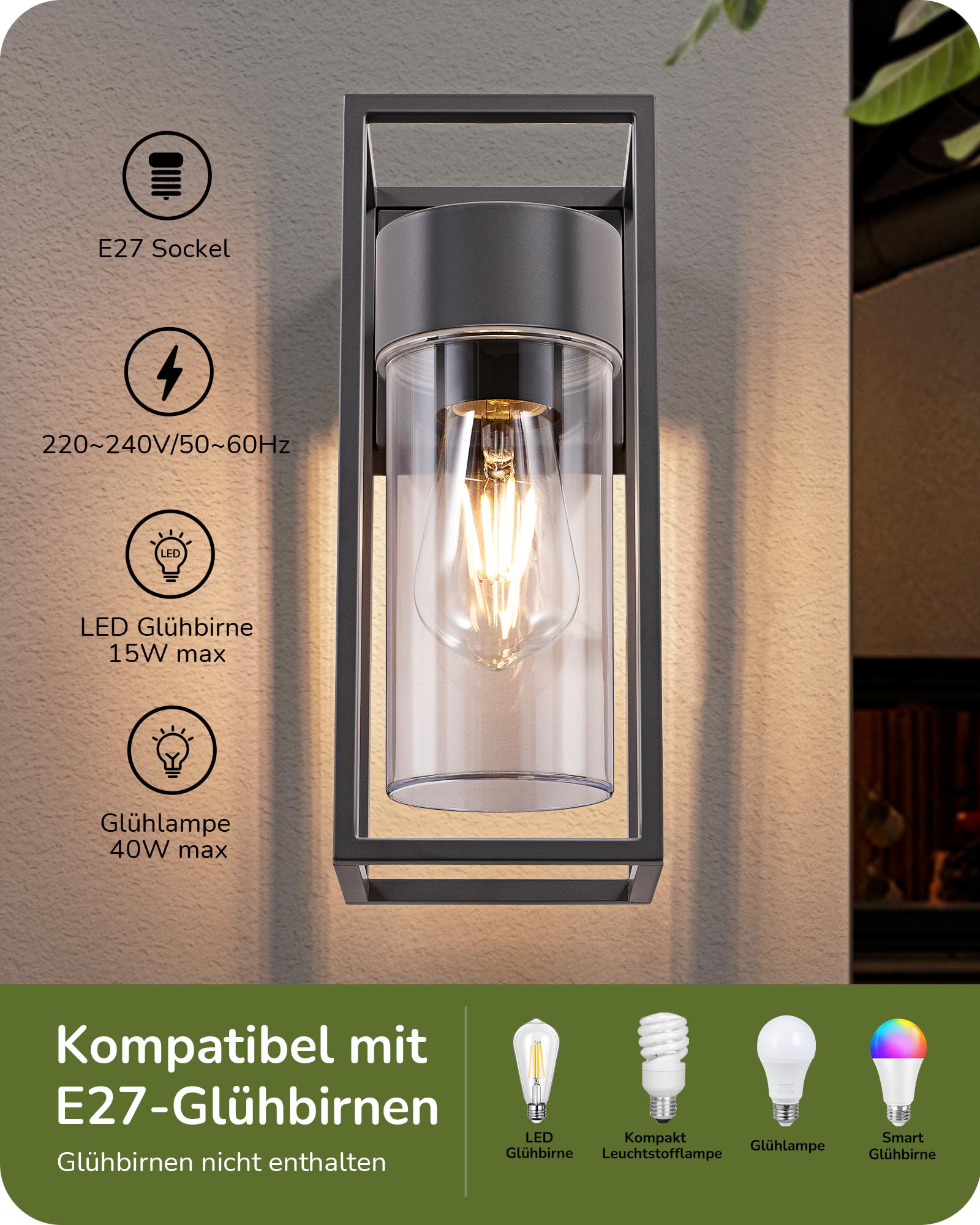 EDISHINE Wandleuchte IP44 Wasserdicht Anthrazite, Wandlampe für Außen & Innen, Modern ohne Leuchtmittel
