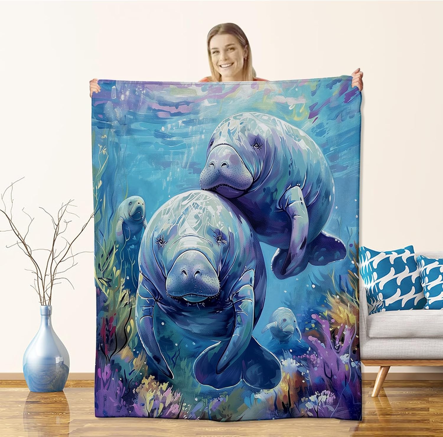 Realistic Manatee Blanket for Kids Boys and Ocean Lovers, Flannel Blankets Gifts, Coral and Sea Animal Throw for Sofa Couch Bed Living Room, Soft Warm Cozy Home Cabin Decor 60" x 50"