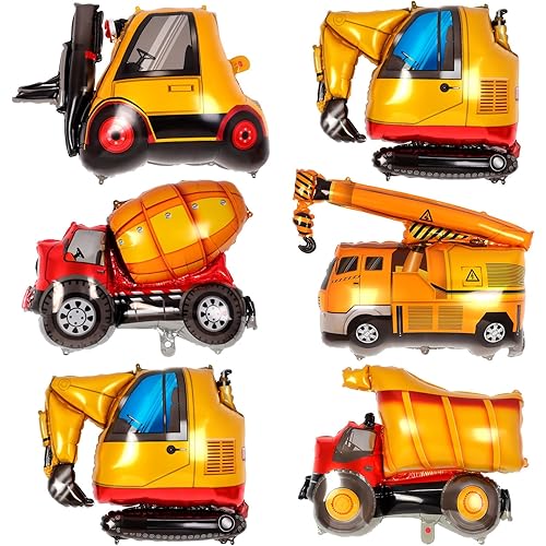6 Pcs Construction Balloons,Large Car Vehicles Balloons for Kids,Construction Birthday Party Supplies Excavator Truck Forklift Mixer Crane Foil Balloons for Construction Theme Party Decoration