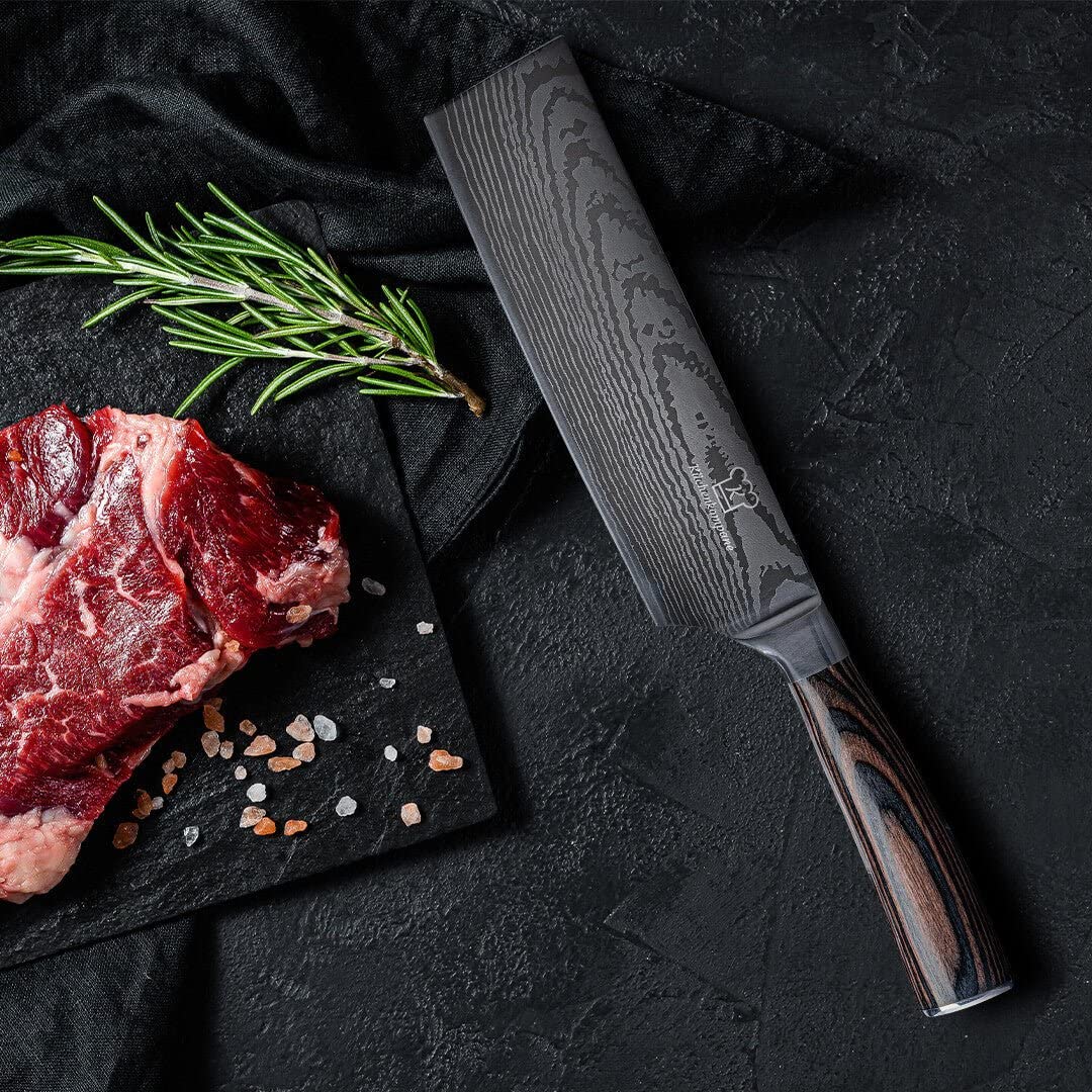 Küchenkompane – asiatisches Nakiri Kochmesser aus 7CR17 Edelstahl mit ergonomischen Pakkaholzgriff inkl. Geschenkbox | Küchenmesser im eleganten Damast Design | rostfrei & scharf | Made in Germany