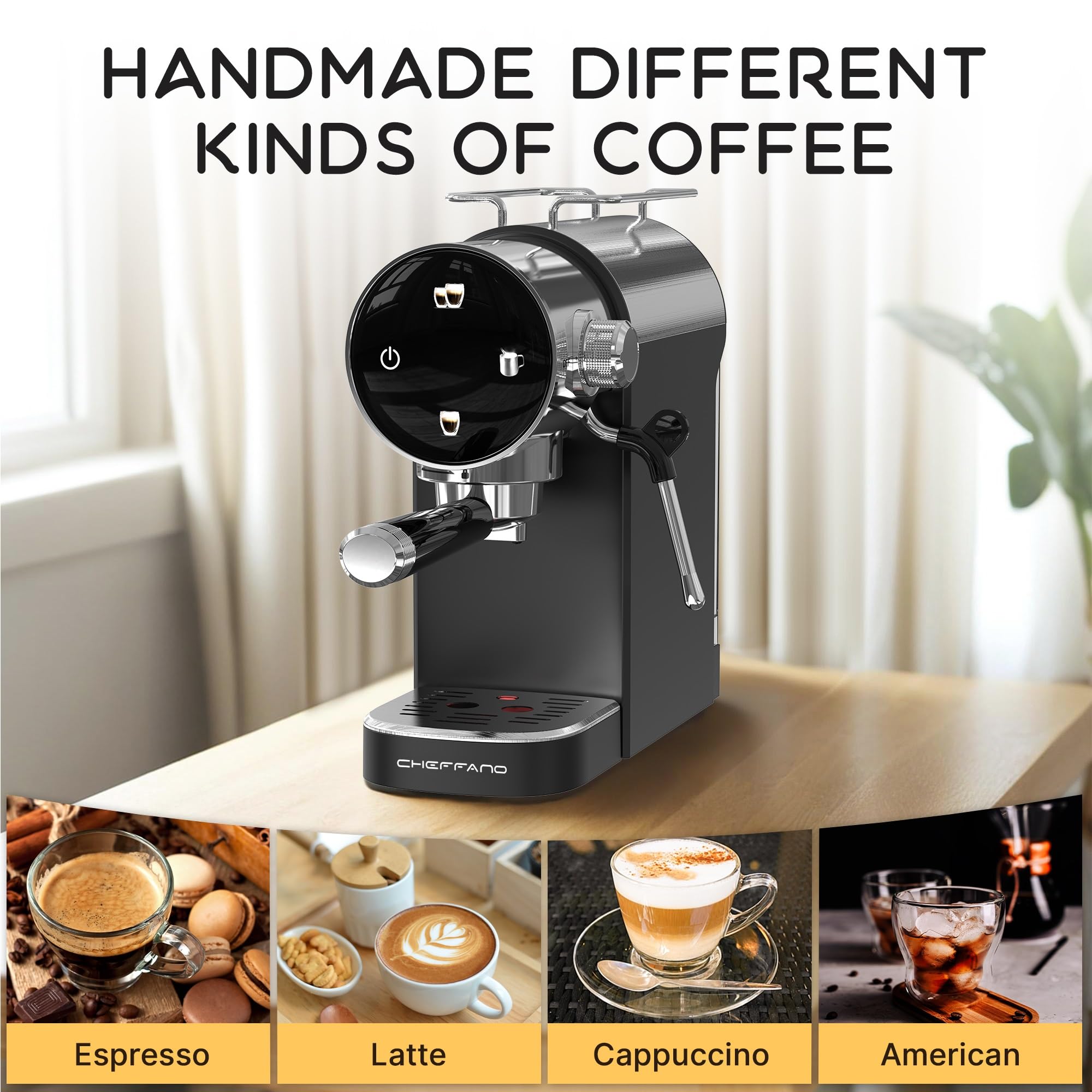 CHEFFANO Espressomaschine, 1350W, 15-Bar-Pumpe, Touchscreen, Edelstahlgehäuse & Dampfstab für Cremespuma