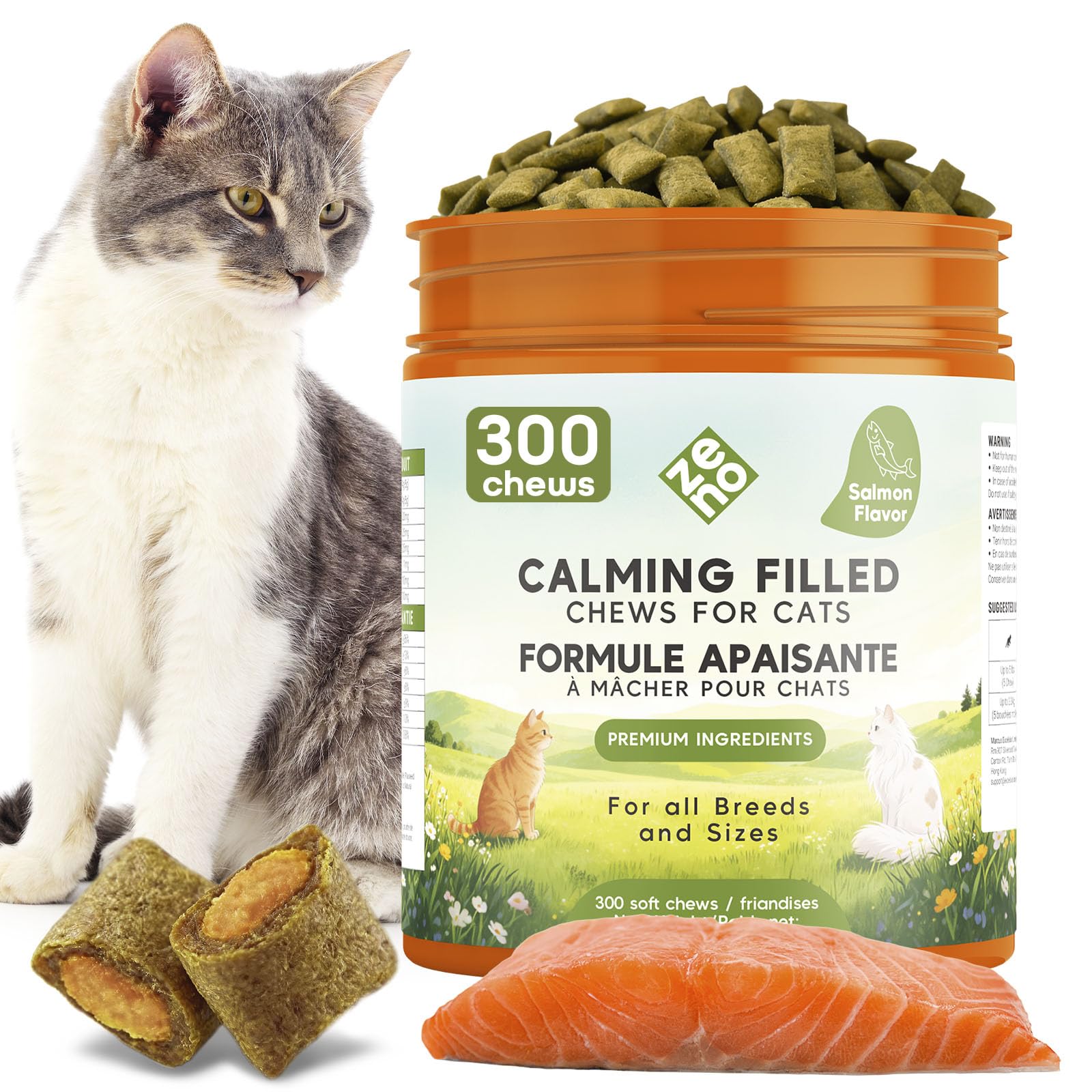 ZENO Hemp Calming Chews for Cats Anxiety 300 pcs - Feline Anxiety Relief with Melatonin - for Stress, Travel, Check-up, restlessness or Separation - Crunchy & Creamy Salmon Cat Calming Treats