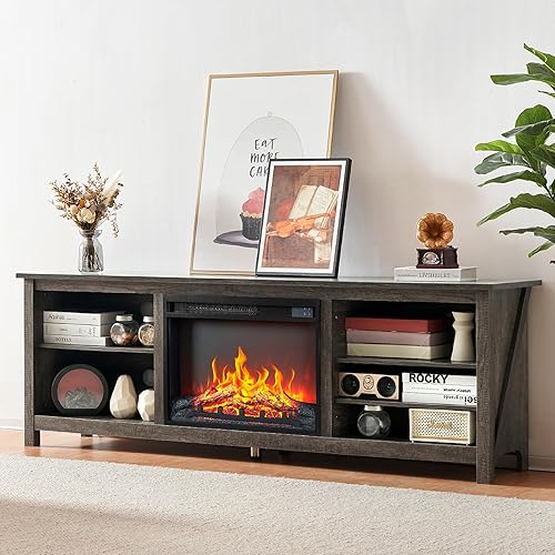 AMERLIFE Soporte de TV con chimenea, centro de entretenimiento con textura de madera con chimenea eléctrica de 23 pulgadas, soporte de