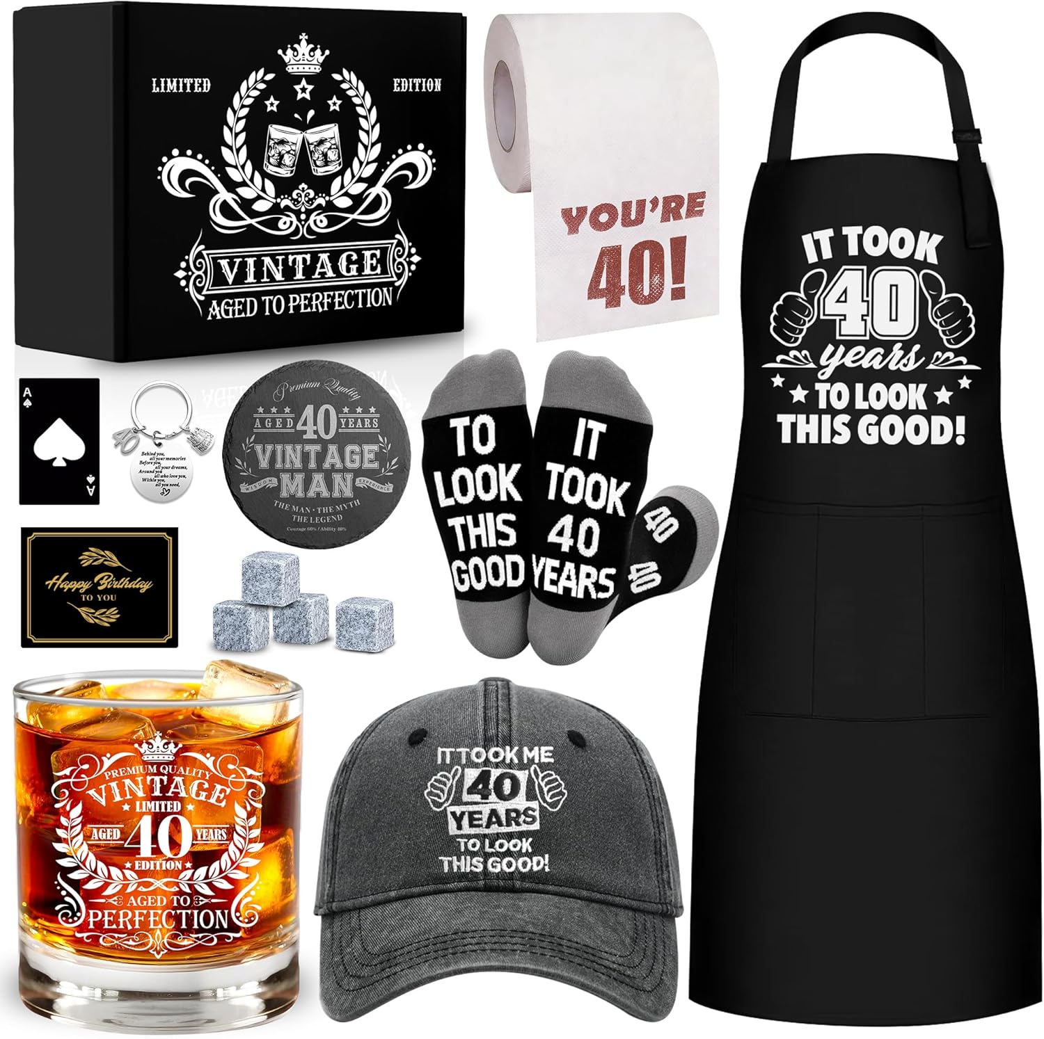 40th Birthday Gifts for Men Whiskey Glass Set, 40th Birthday Party Supplies with 11 Oz Whiskey Glass Coaster Stone Baseball Cap Apron Sock Toilet Paper Keychain for Him, Dad, Husband, Friends