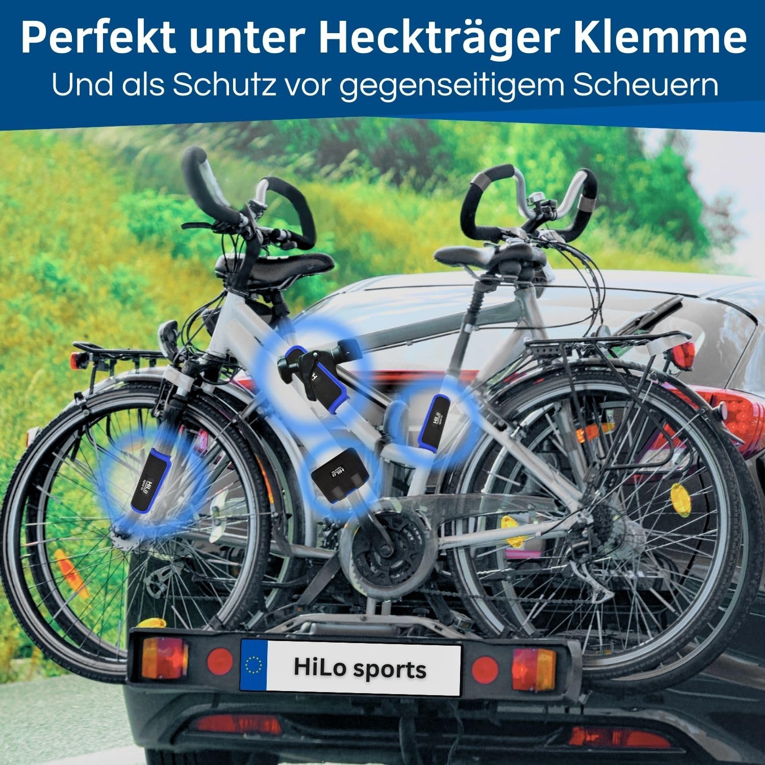 HiLo sports Fahrrad Rahmen- und Transportschutz Set - [4x Rahmenschützer & 2x Pedalschützer] - Für alle Rahmenumfänge von 5-28cm - E-Bike und Fahrrad Schutz mit Reflektoren (Schwarz - Blau)