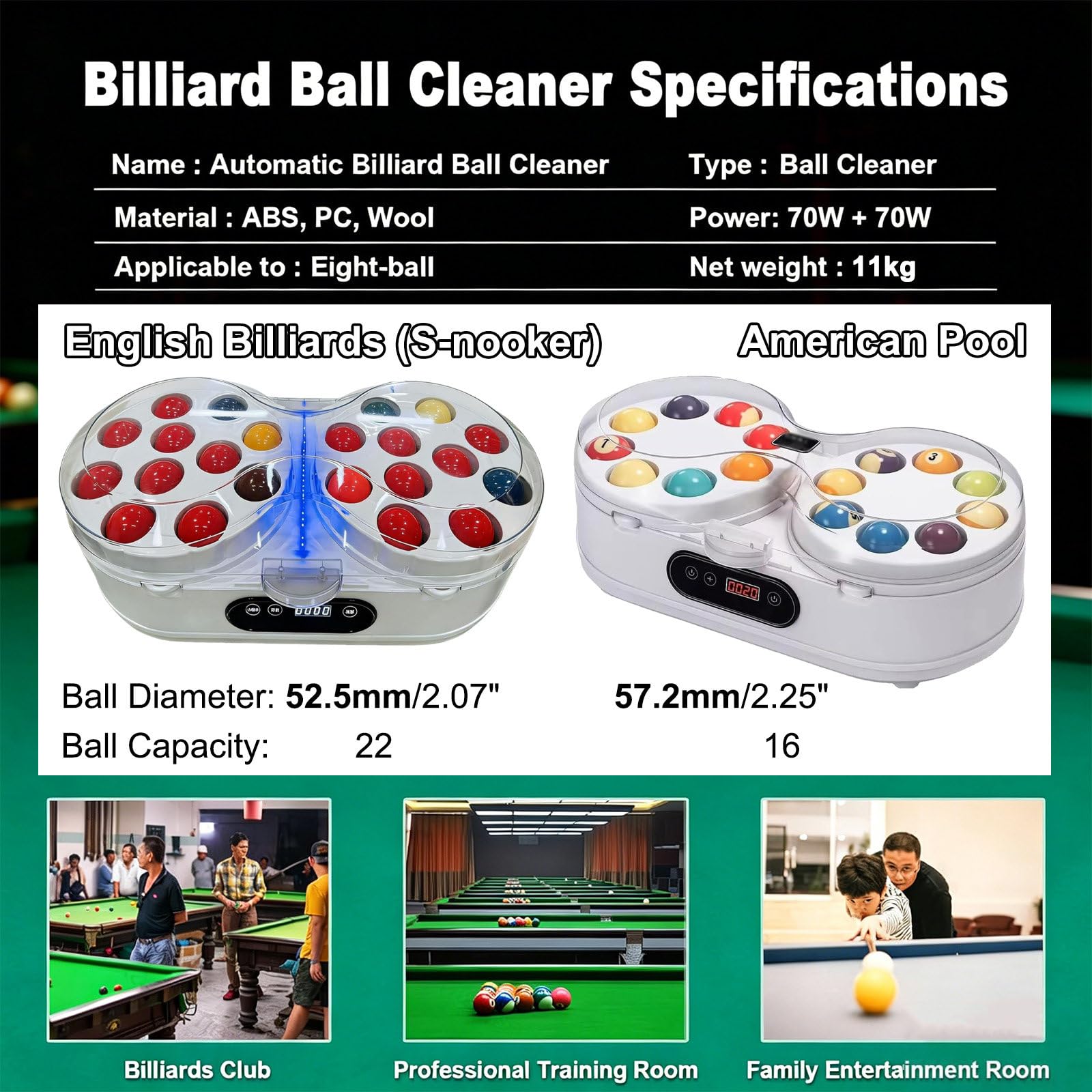 Intelligenter Billardkugel-Reiniger, automatische Poliermaschine für Poolbillardkugeln, LCD-Touchscreen, Doppelmotor & Rotation in beide Richtungen Black-52.5mm/2.07"