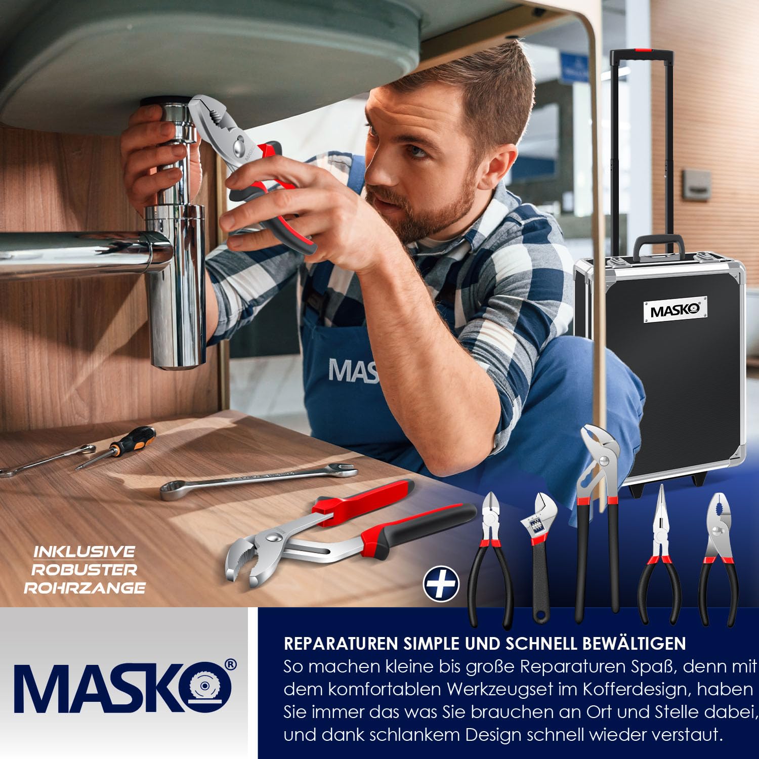 MASKO® Cassetta degli attrezzi portatile con utensili | 969 Pezzi Set di Attrezzi in Valigetta di Alluminio con Ruote per Fai da te | Cassetta porta attrezzi a mano | Strumenti professionali Nero
