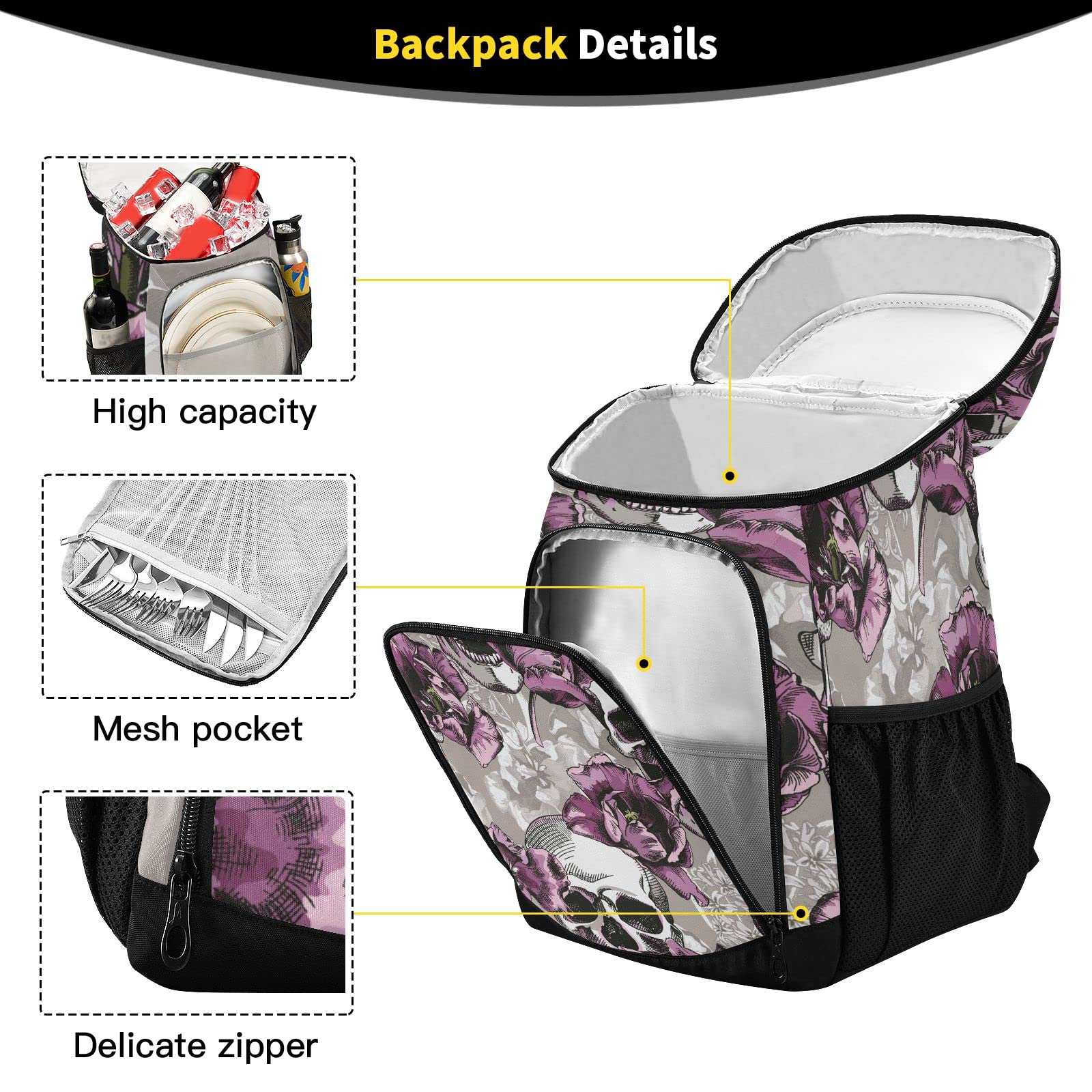Violet Tulips & Skulls Cooler Backpack – Insulated 30L Leakproof Bag For Beach, Picnic, Camping - View #3