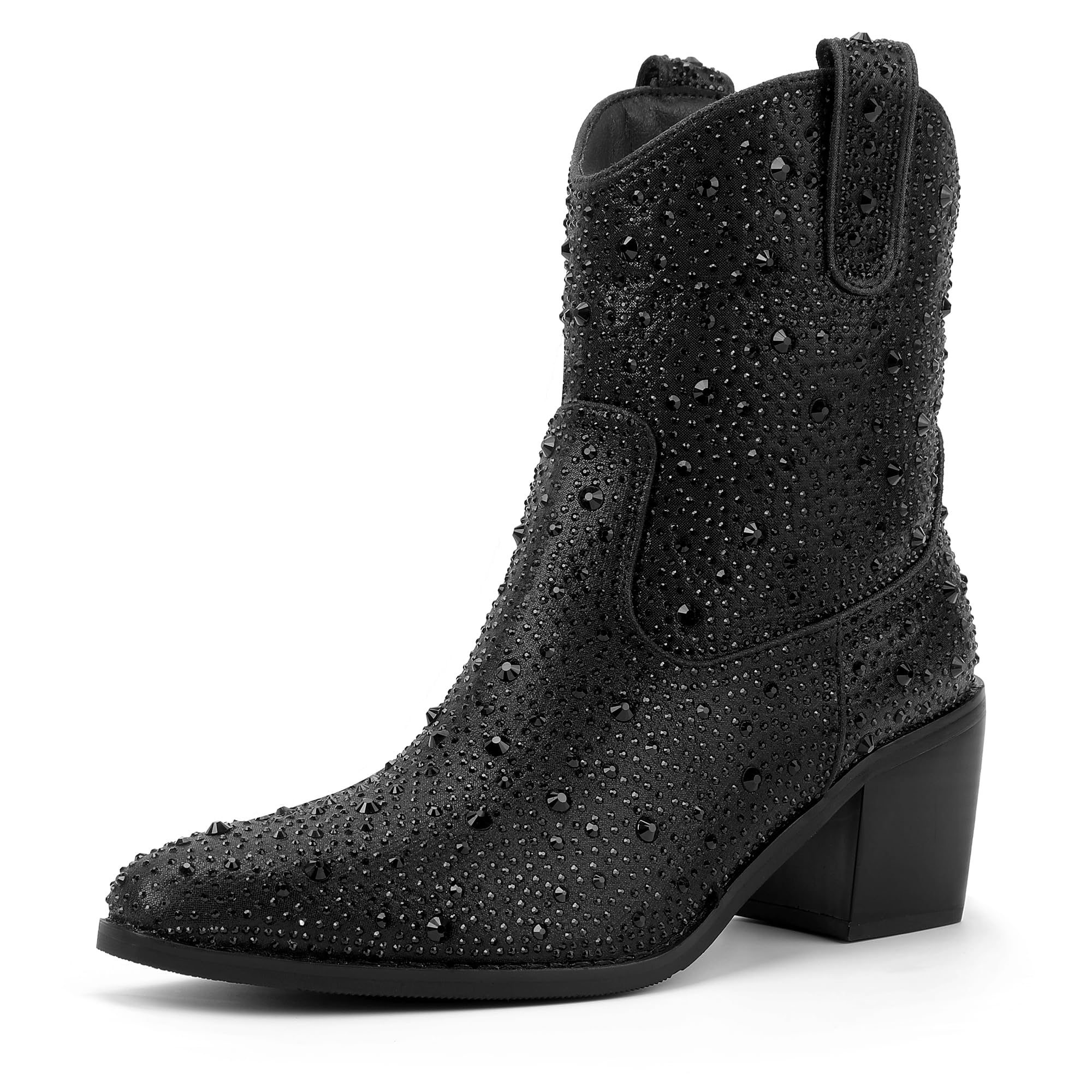 IDIFU IN2 Womens Booties Cowgirl Cowboy Rhinestone Ankle Boots for Women Low Short Block Heel Pointed Toe Slip