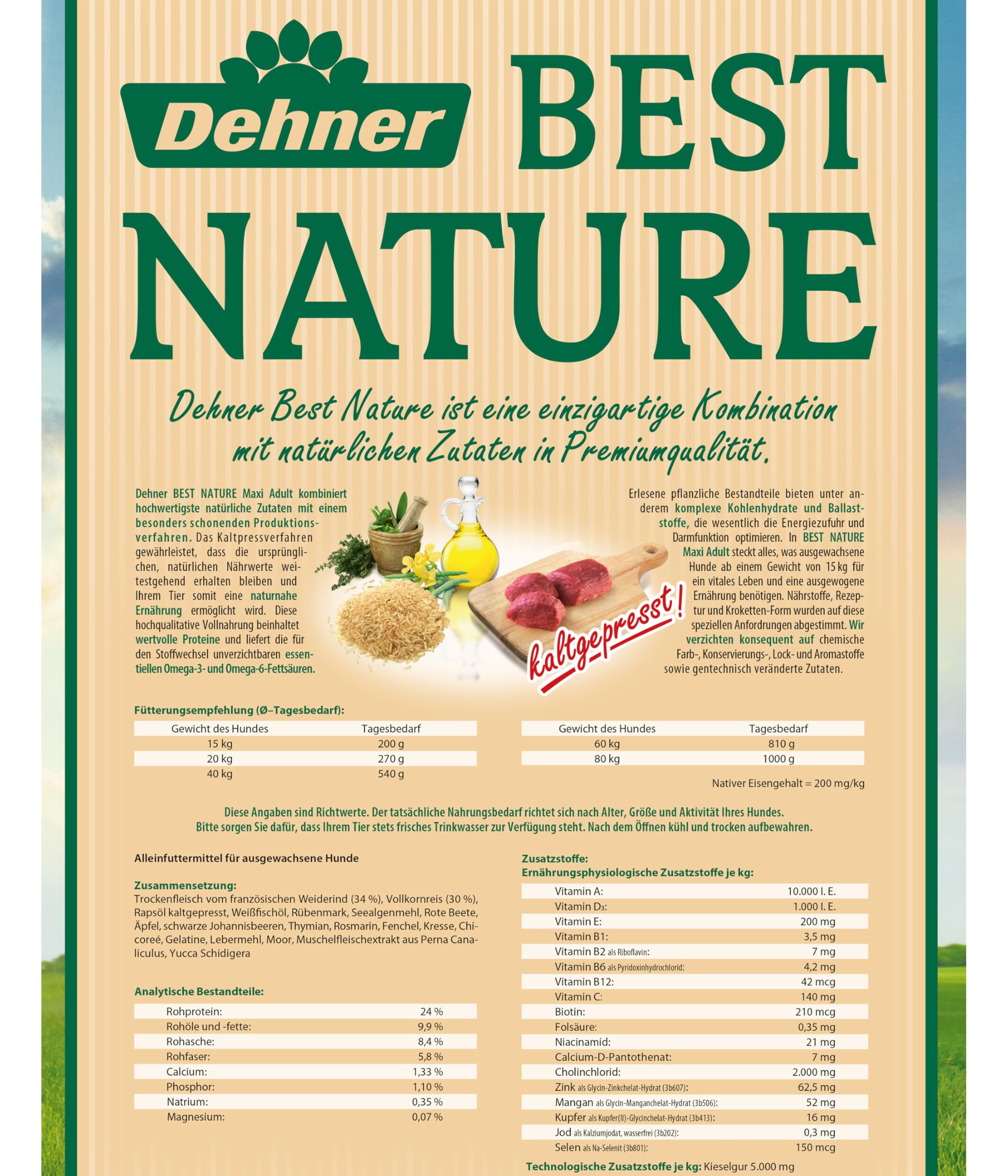Dehner Best Nature Hundefutter Maxi Adult, Trockenfutter getreidefrei / zuckerfrei, für ausgewachsene Hunde großer Rassen, Rind / Lachs, 12.5 kg | Pellets mit Reis, für ausgewachsene Hunde großer Rassen