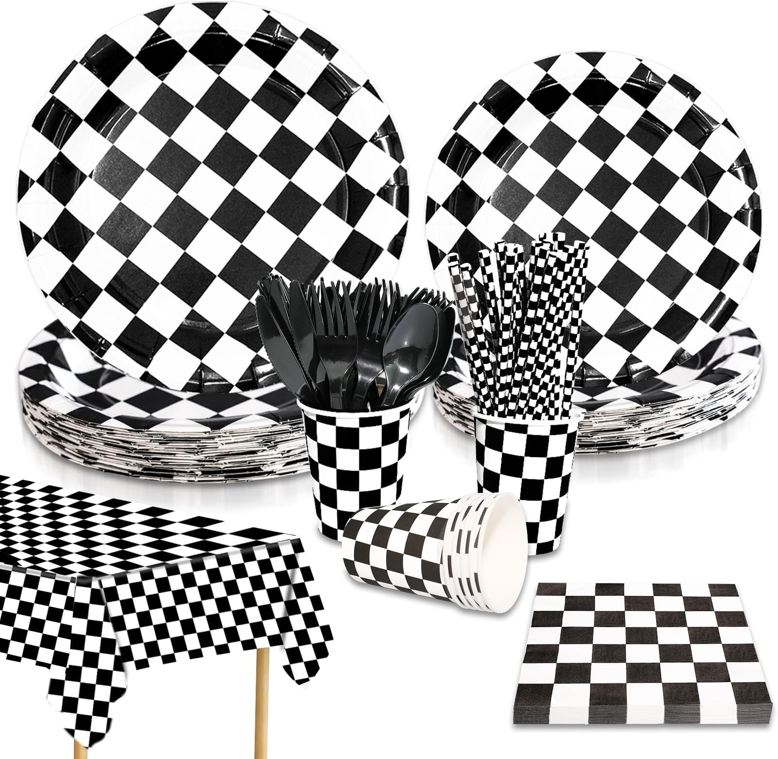 CONEHOY 201 Pcs Checkered Flag Party Supplies Black and