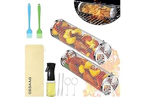 2 Set Stainless Steel Rolling Grill Baskets for Outdoor Grill