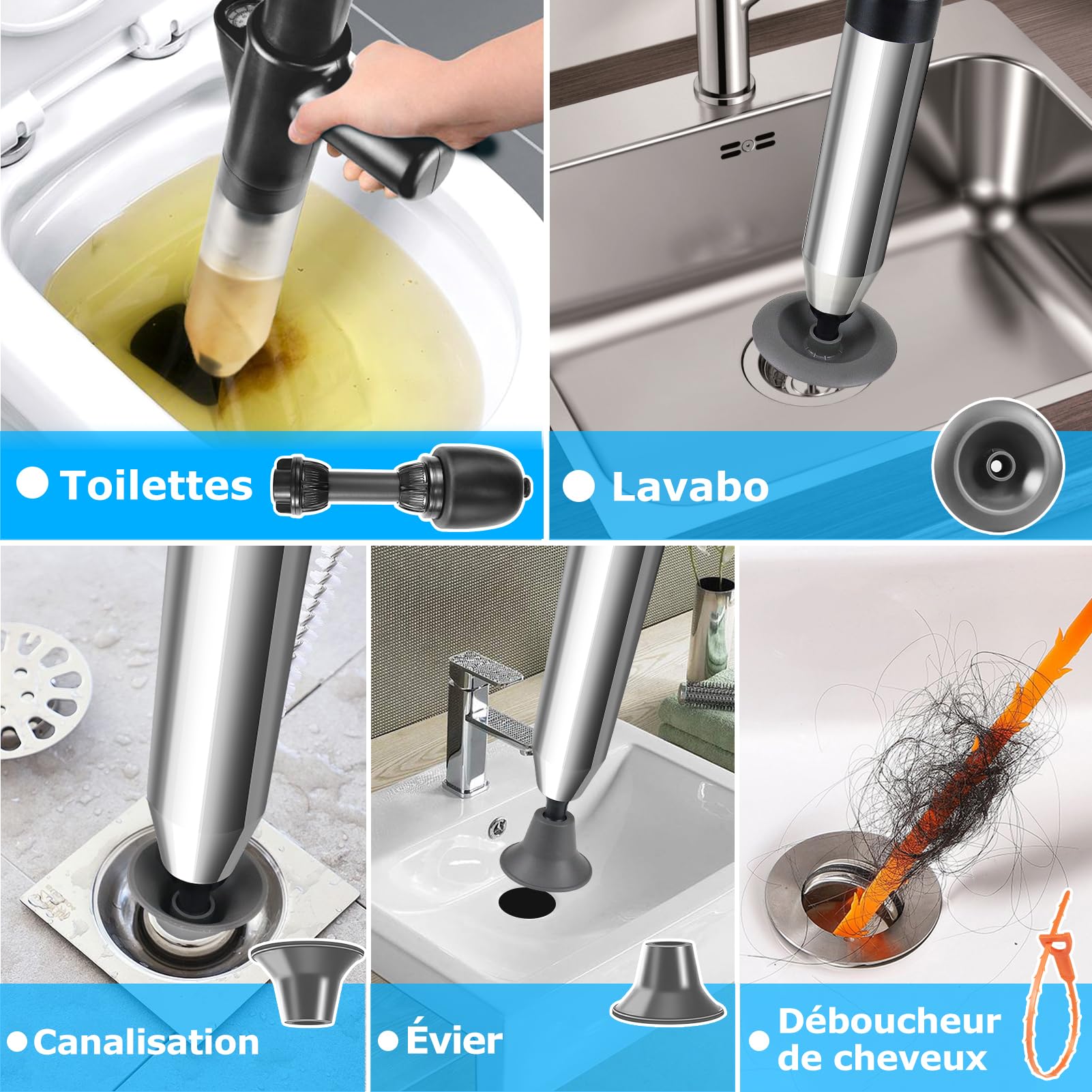LightingWill Déboucheur WC Haute Pression avec Manomètre – Déboucheur Canalisation Professionnel à Air Comprimé avec 4 Ventouses et Crochet – pour Toilettes, Évier, Lavabo, Douche et Baignoire