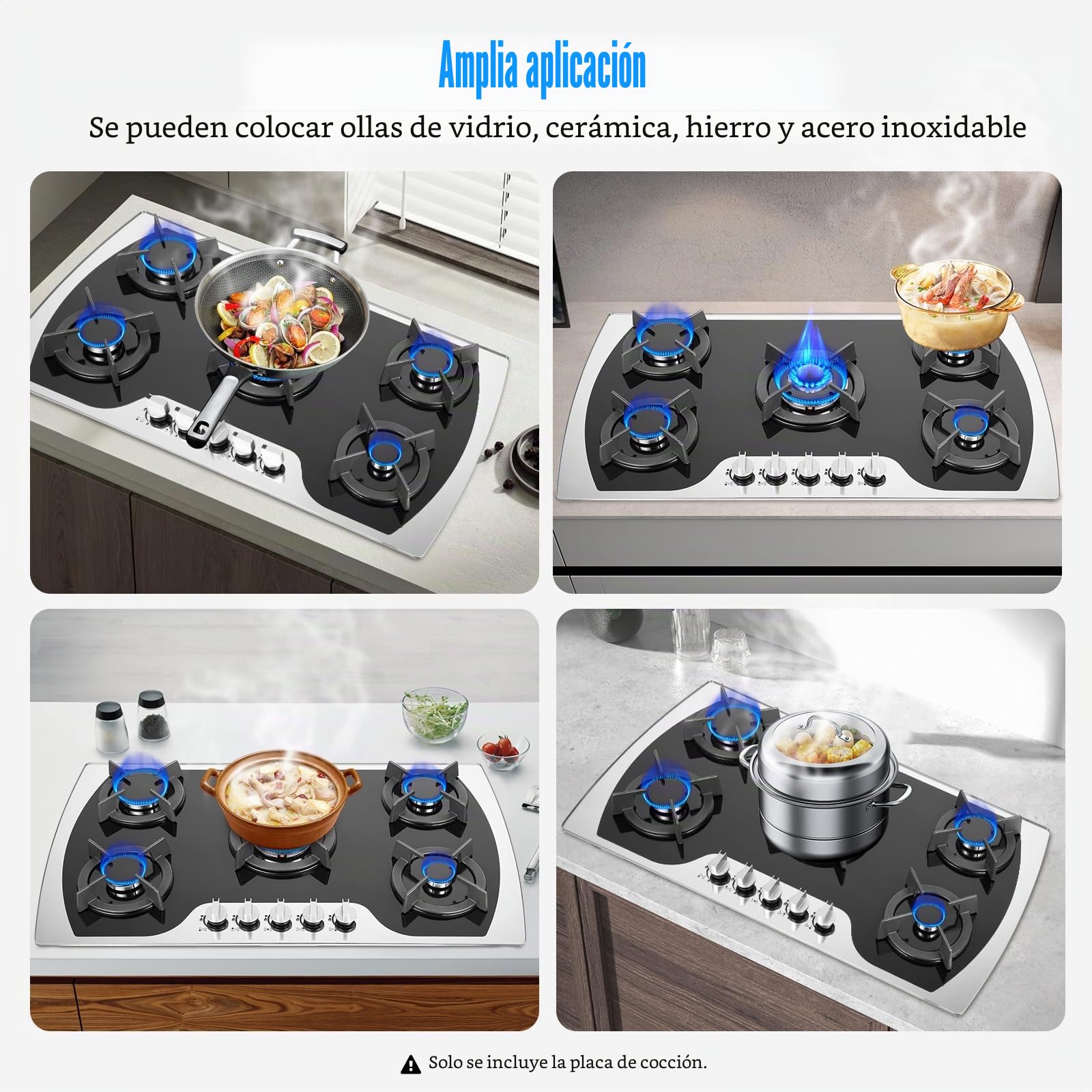 Placa de cocción con 5 quemadores de 5 zonas, quemador de gas, con estante para ollas para cocina doméstica o comercial en casas o restaurantes, 90 cm