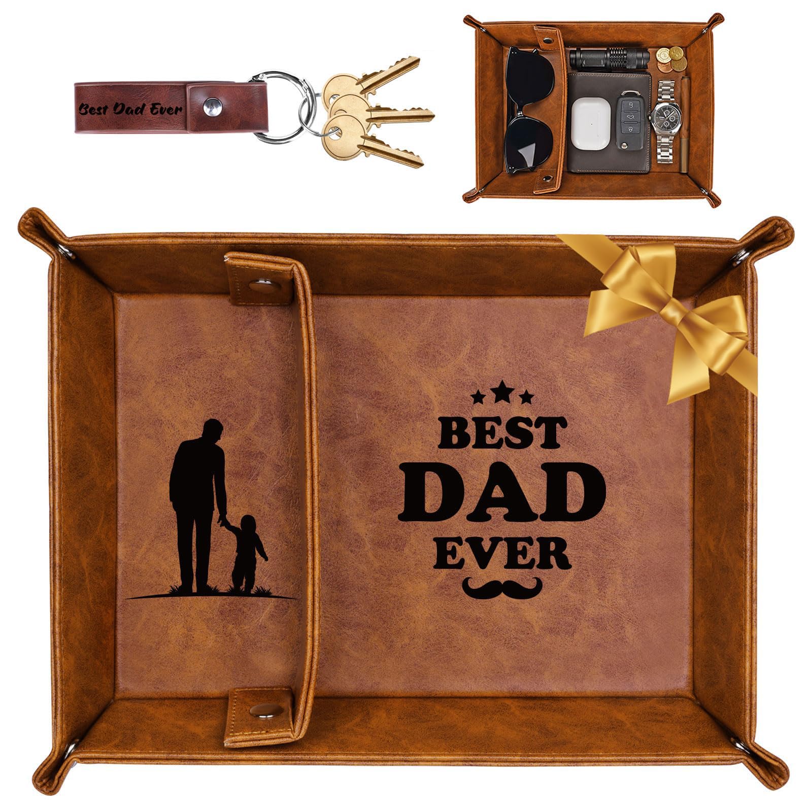Fathers Day Valet Tray Gifts for Dad from Daughter, Son or Kids | PU Leather Bedside Organiser for Keys, Wallet, Watch | Step Dad Birthday Gift, Best Dad Ever Present for Him