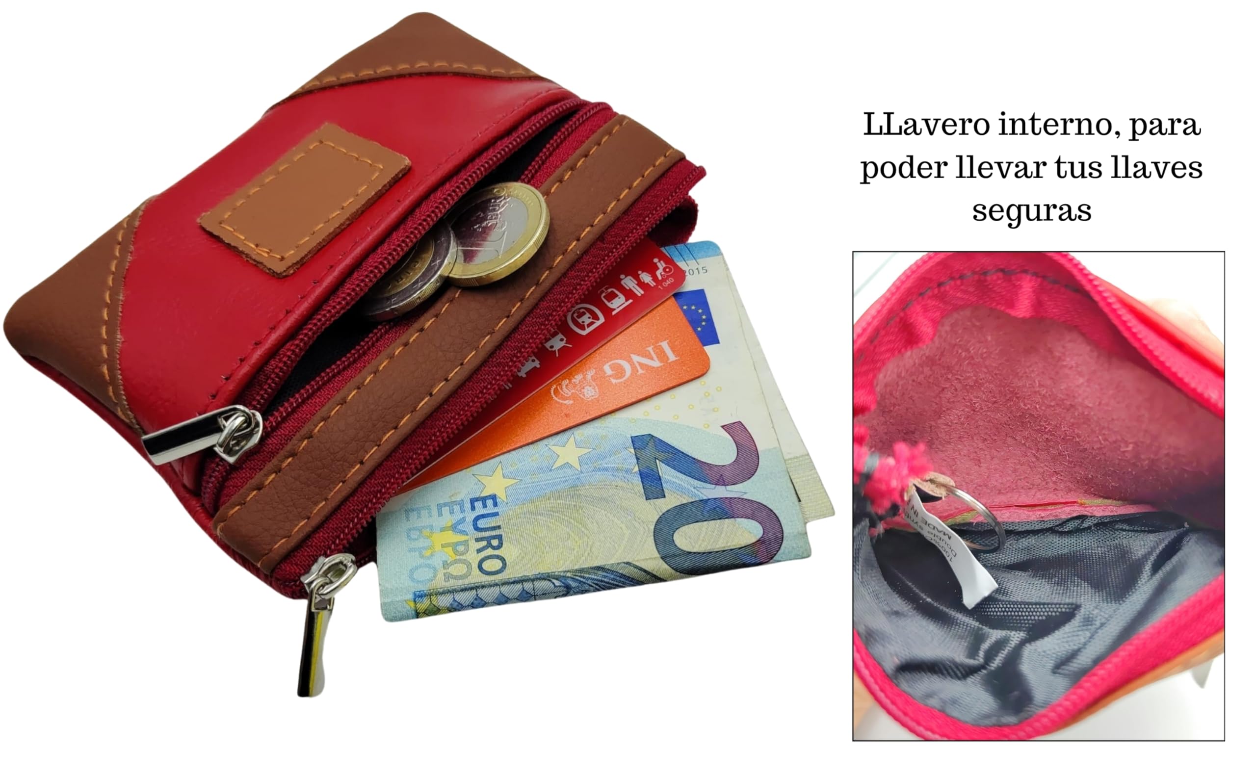 2 szt. Portfele męskie. Jeden w kolorze i jeden w kolorze czarnym. Z wewnętrznym brelokiem w obu portfelach na karty, monety, klucze itp., Czerwone, M, nowoczesny