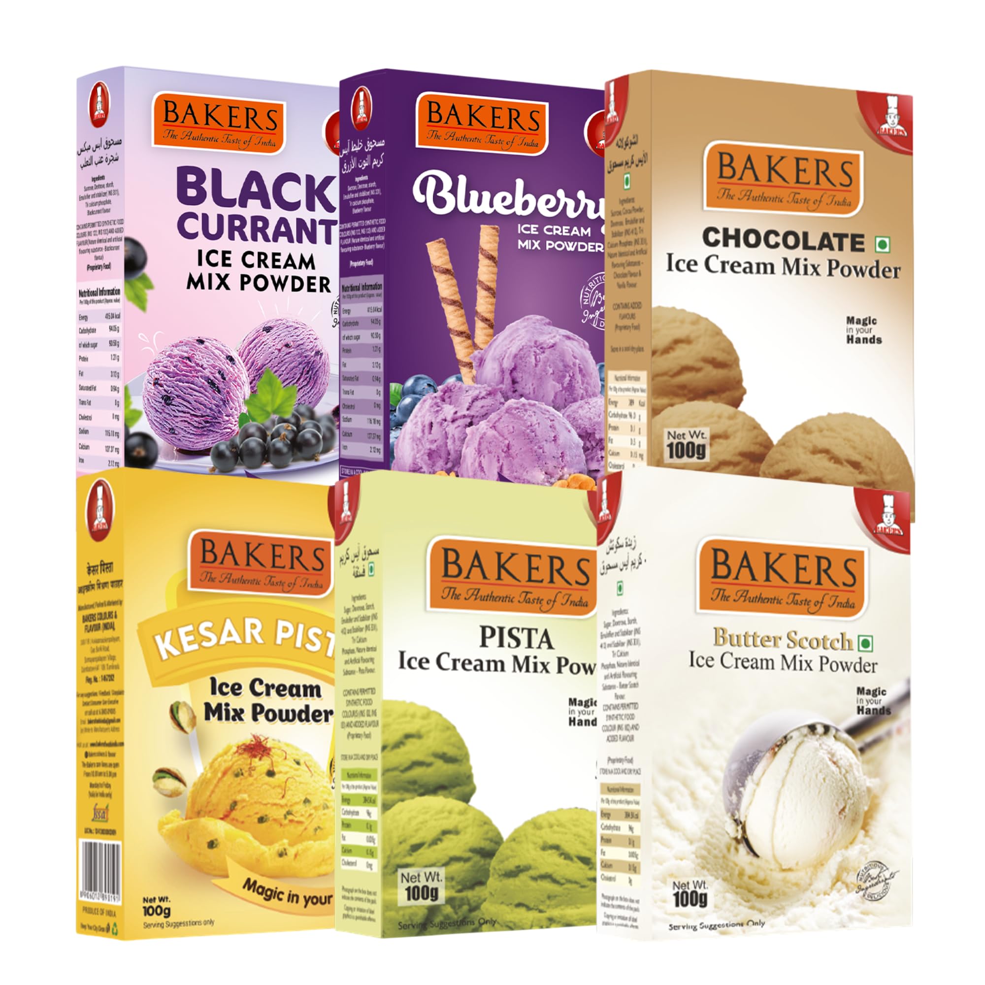 BAKERS 6 Flavors Ice Cream Powder Combo (100g Each) - Kesar Pista, Pista, Chocolate, Butterscotch, Blueberry & Black Currant | Ready in 10 Mins | No Preservatives | Homemade Ice Cream Mix-image-39