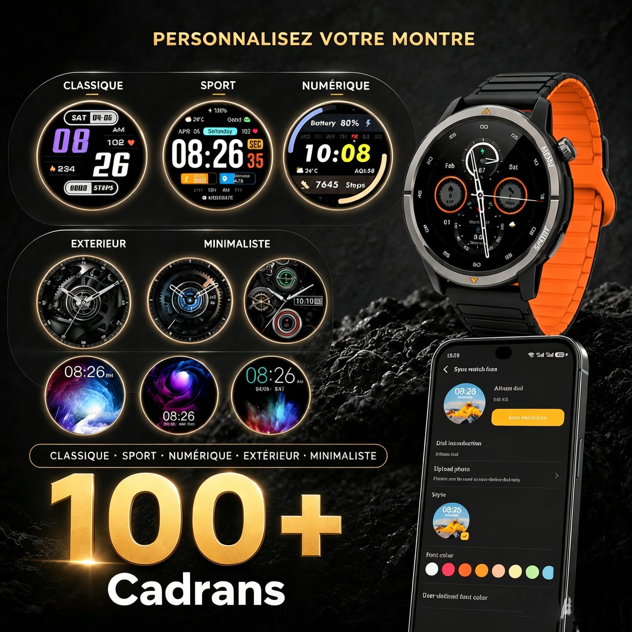 AGM Legion Montre Connectée 5ATM Écran AMOLED 1.43" iOS Android | 100 + modes，Bracelet Magnetique iOS Android