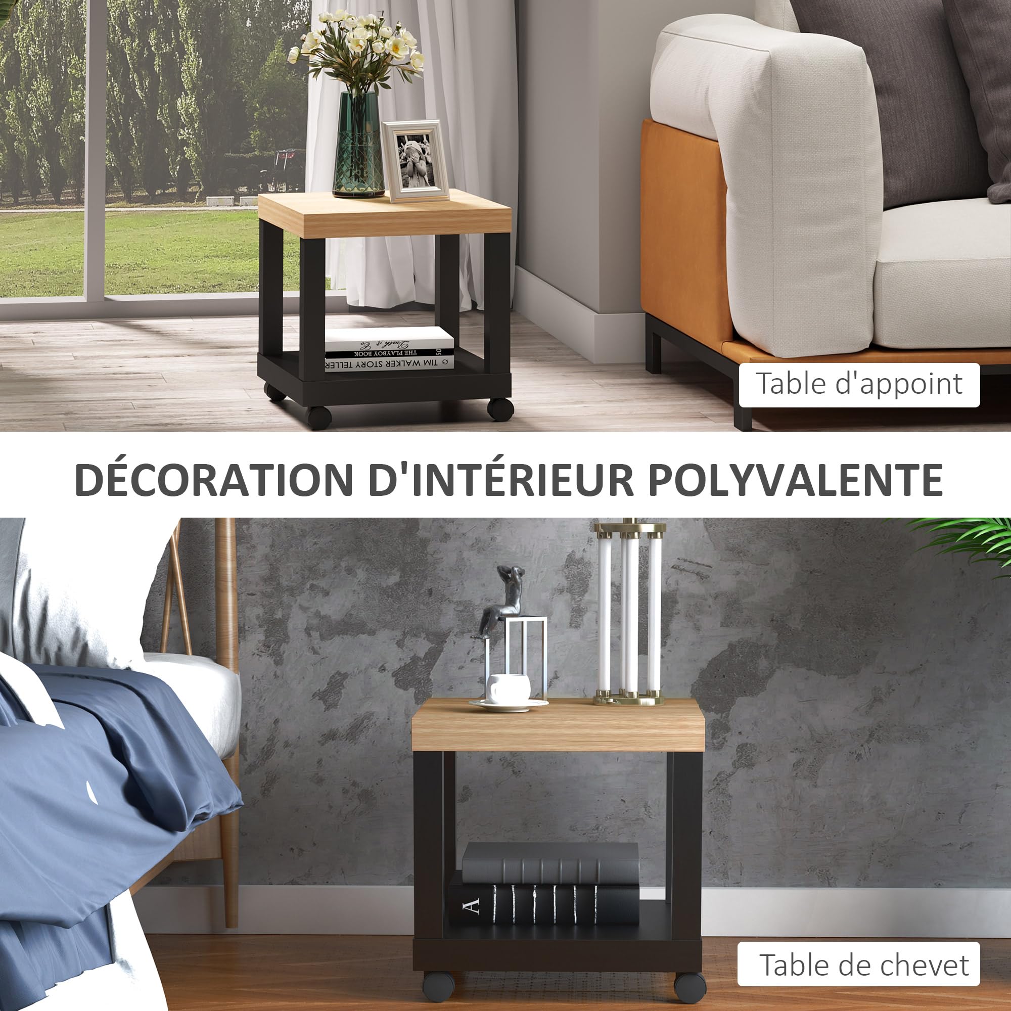 HOMCOM Table d'Appoint Roulante, Table Basse Moderne avec Étagère Ouverte, pour Salon, Chambre ou Bureau, 40 x 40 x 40 cm, Bois Naturel & Noir