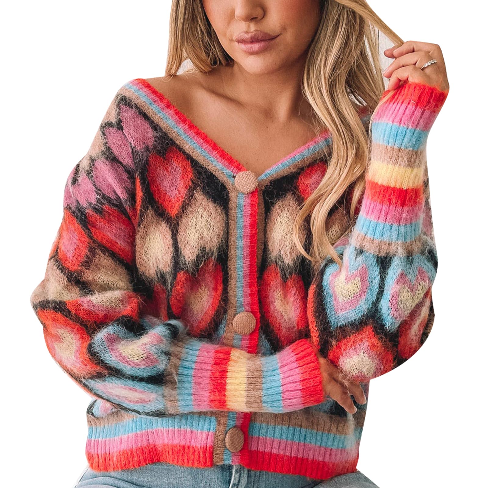 Womens Cute Sweater Cardigan Heart Print Y2K Button Open Front Cardigans V Neck Cropped Knitted Outerwear