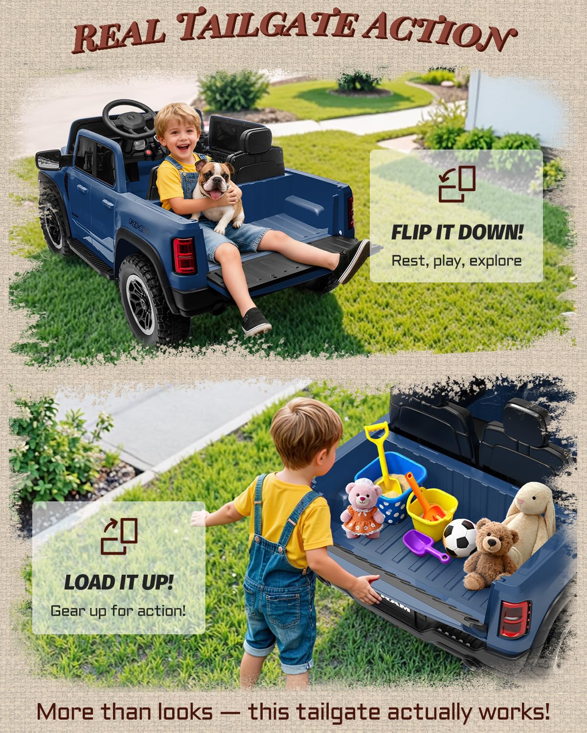 First Ride On 24V Ride On Toys for Big Kids, RAM 1500 2 Seater Ride on Car w/Remote, Battery Powered Truck w/ 4 Wheels Suspension, Toddler Car w/Bluetooth, LED Lights, Trunk & High Doors (DarkBlue)