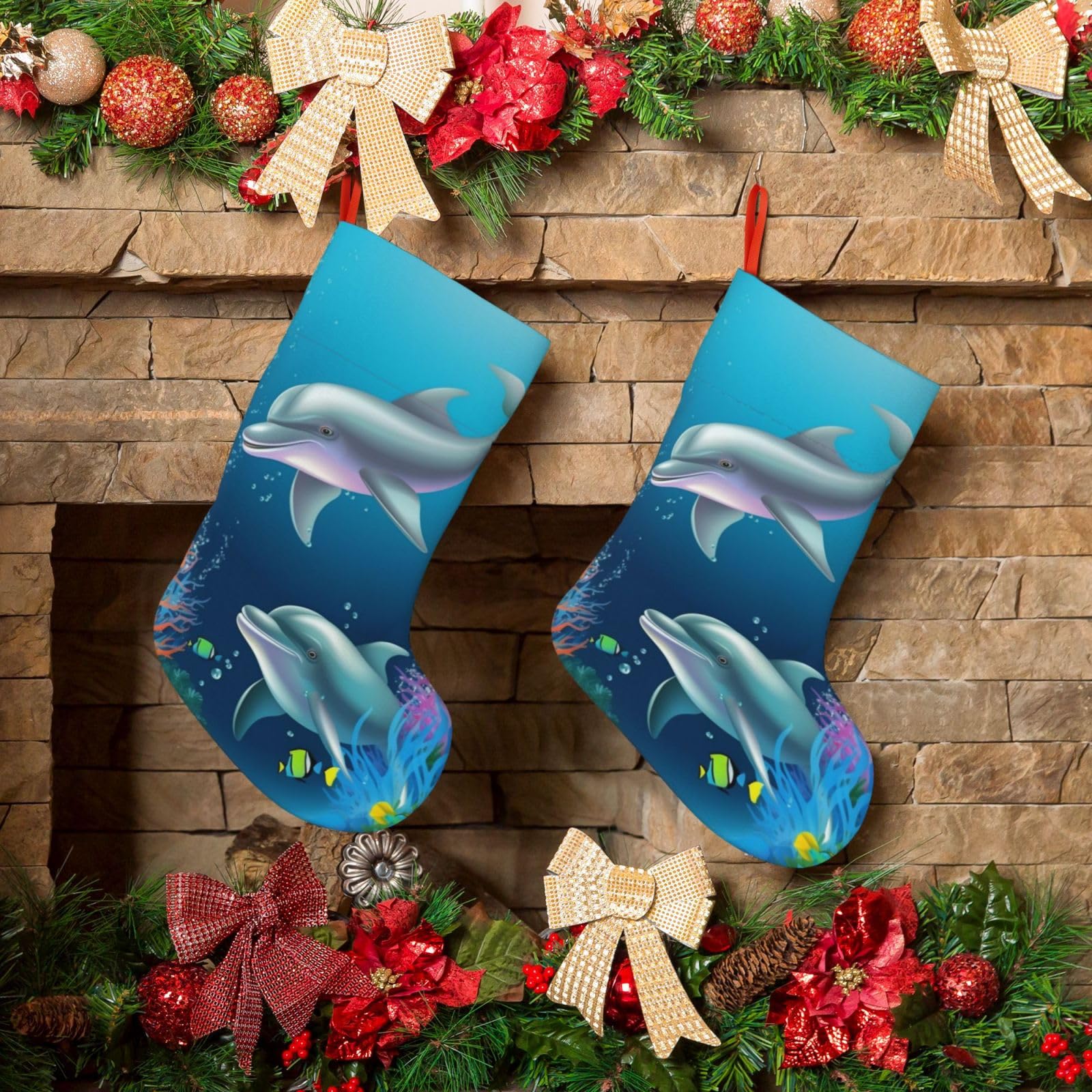 KLOPH Christmas Stockings 18" Personalized Xmas Stocking Dolphin and Fish Decoration Stocking Hanging Fireplace Stocking for Holiday Xmas Tree Christmas Fireplace Decor